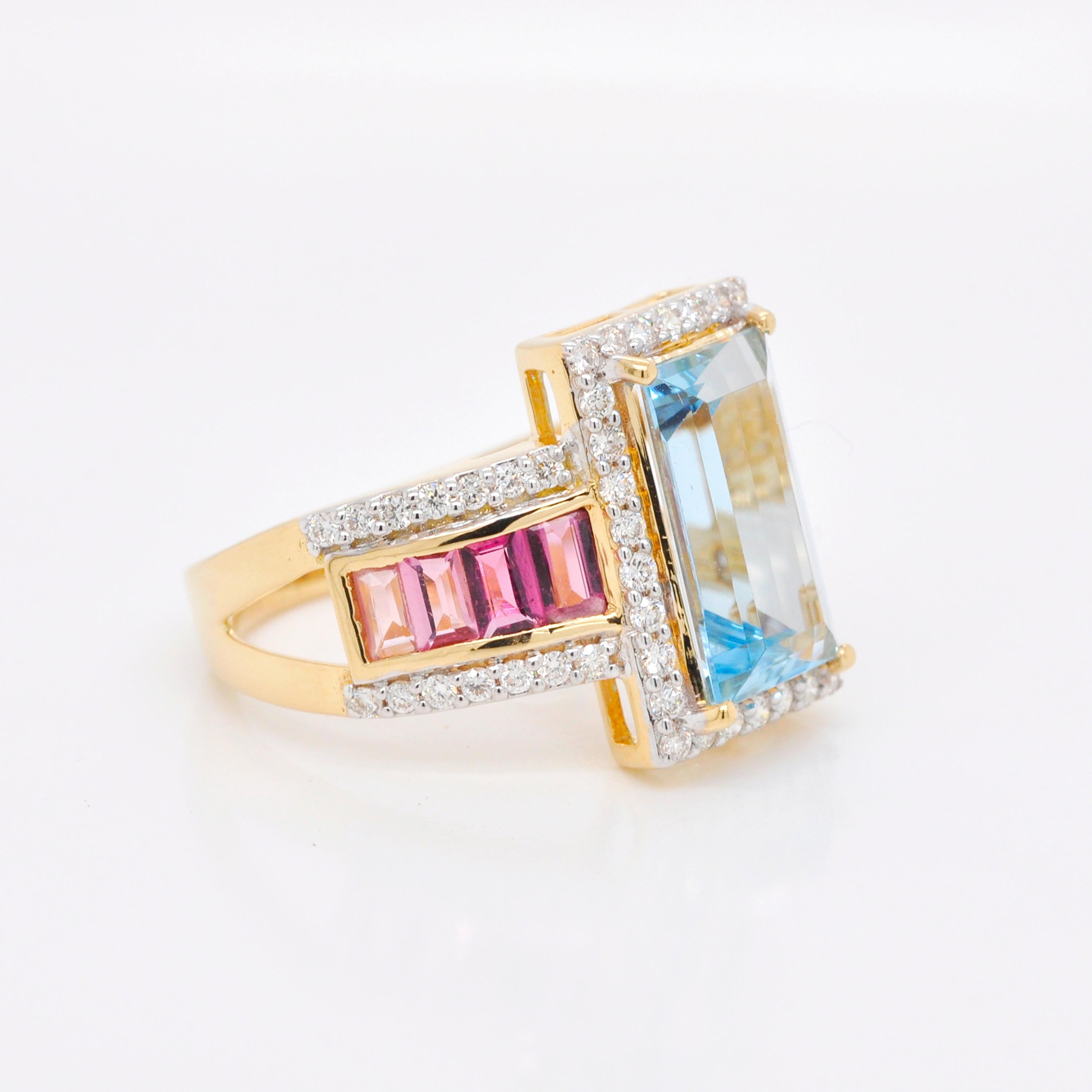 Bague de fiançailles en or 18 carats, aigue-marine, tourmaline rose, diamant baguette en vente 2