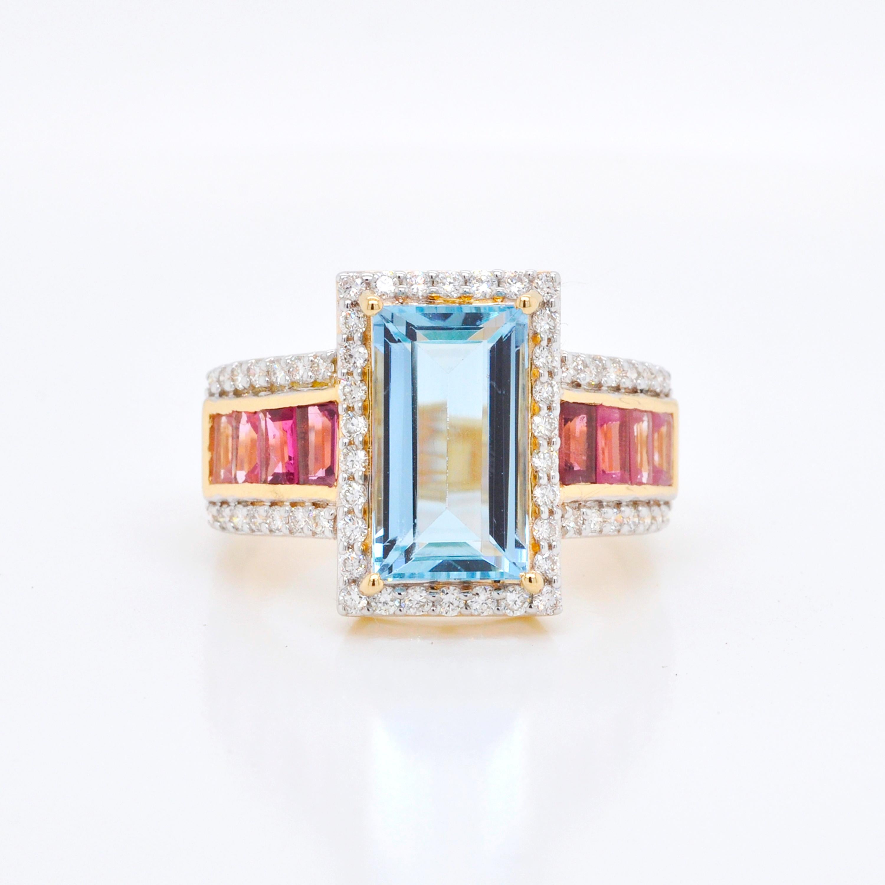 Women's 18 Karat Gold Aquamarine Pink Tourmaline Baguette Engagement Diamond Ring For Sale