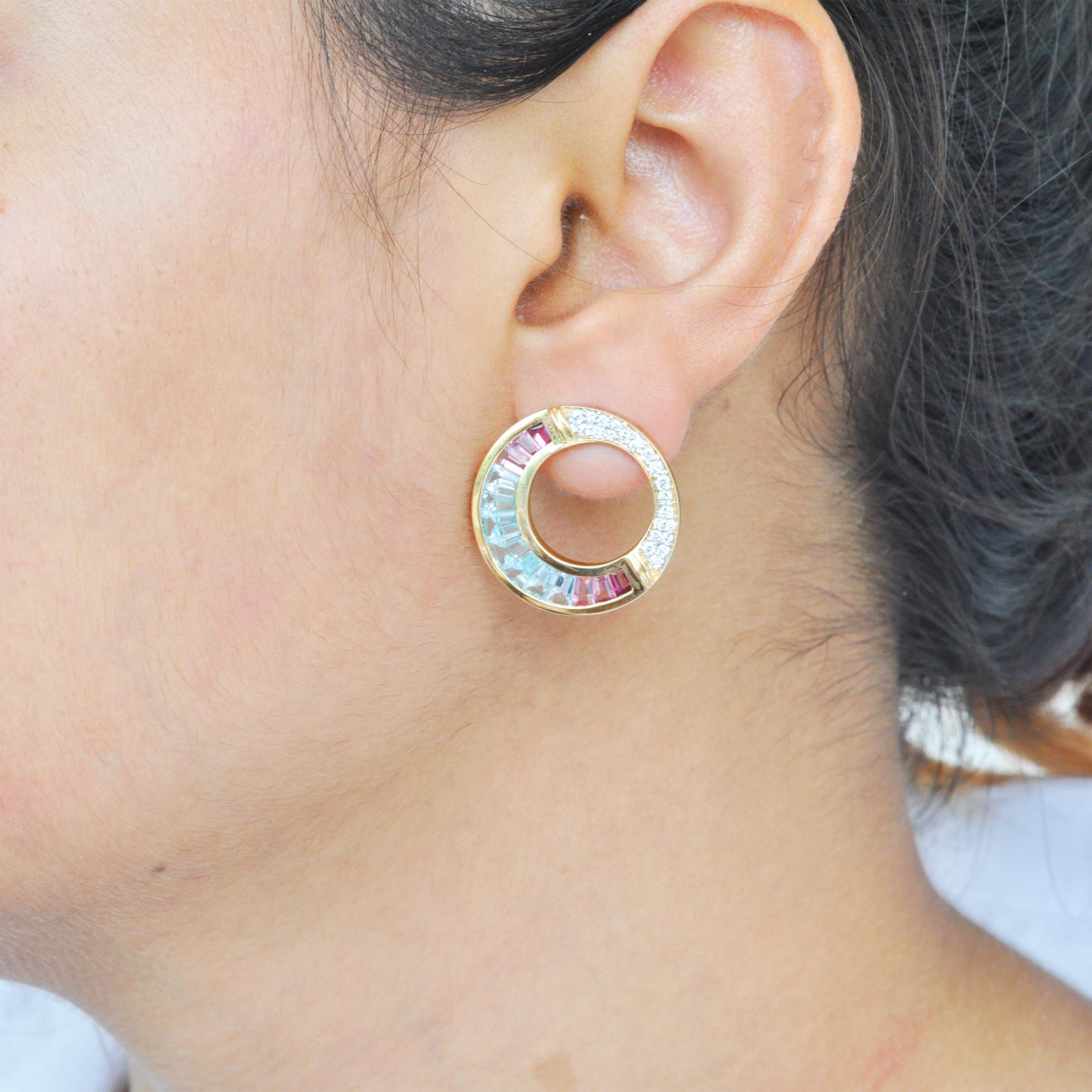 18K Gold Aquamarine Pink Tourmaline Diamond Art Deco Style Pendant Earrings Set 4