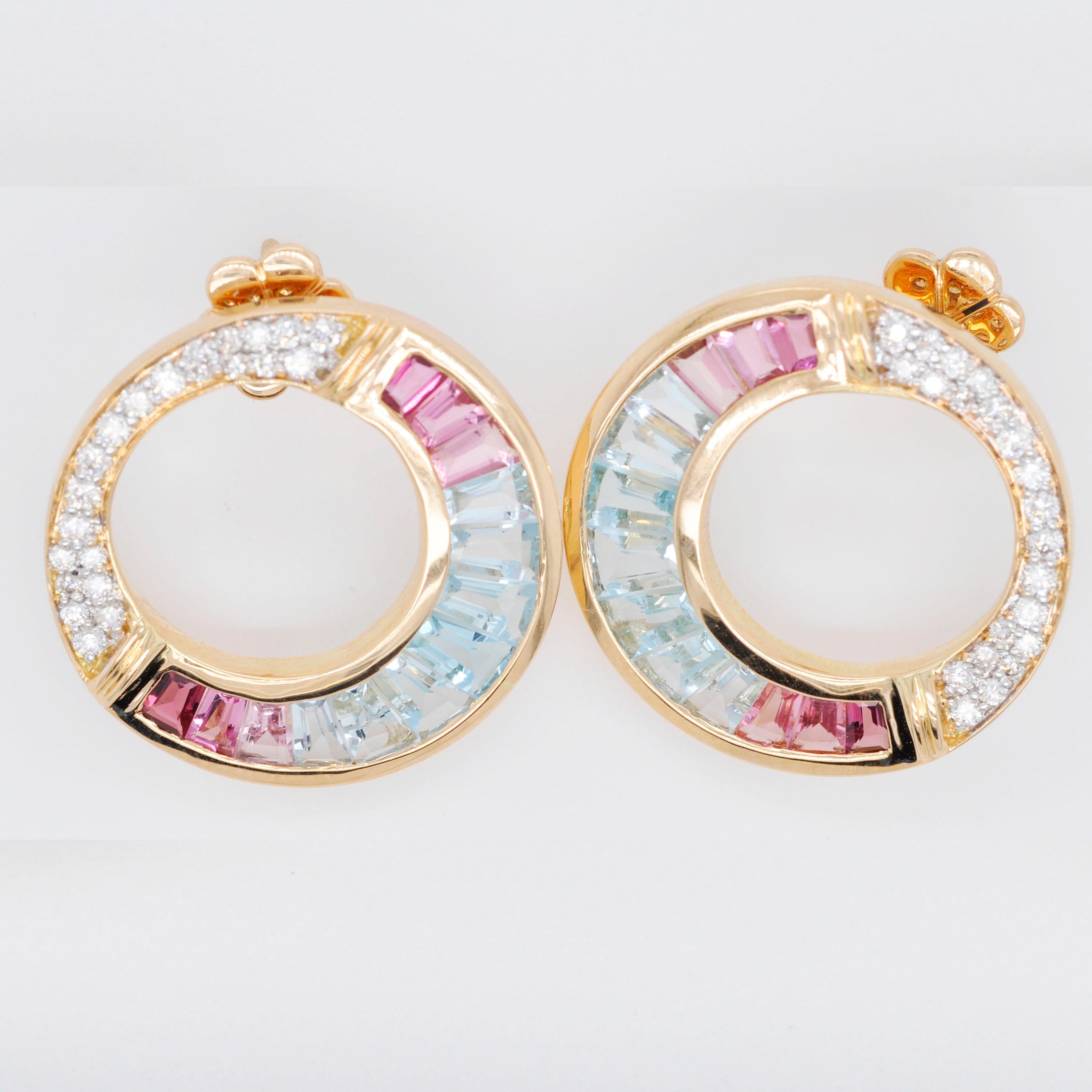 18K Gold Aquamarine Pink Tourmaline Diamond Art Deco Style Pendant Earrings Set 5