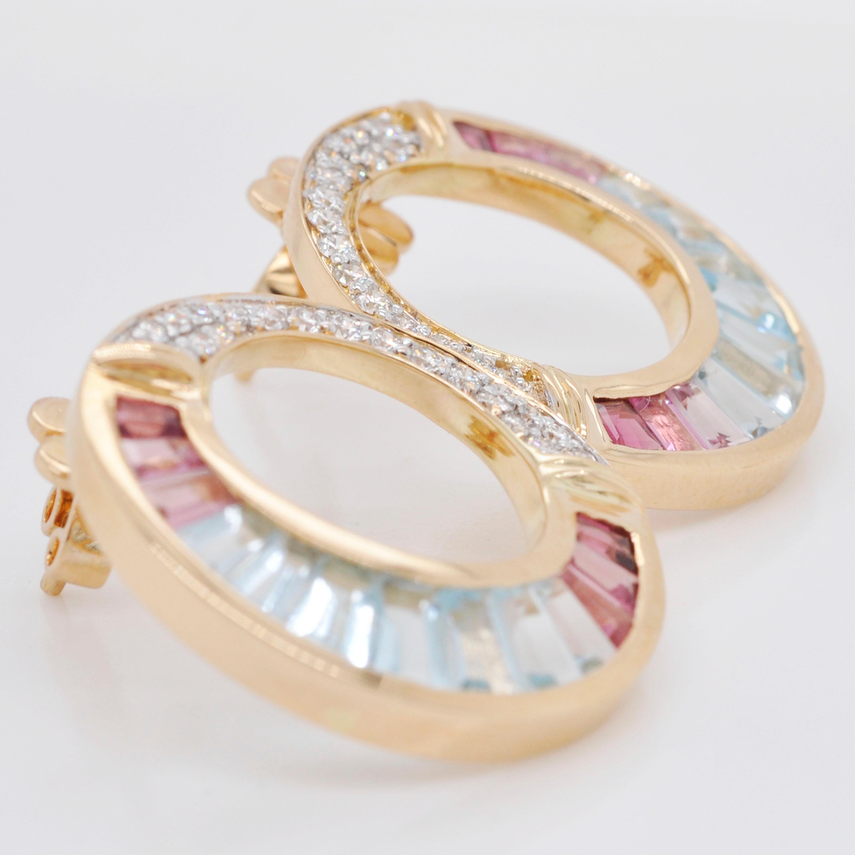 18K Gold Aquamarine Pink Tourmaline Diamond Art Deco Style Pendant Earrings Set 8