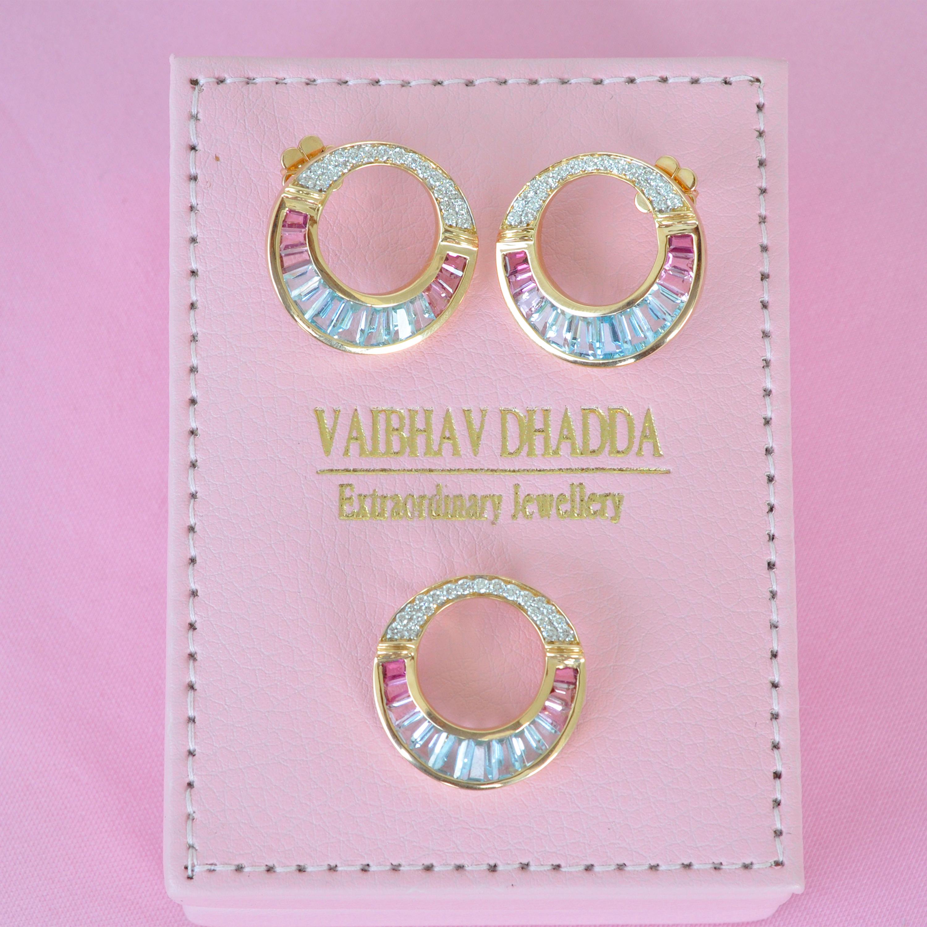 Tapered Baguette 18K Gold Aquamarine Pink Tourmaline Diamond Art Deco Style Pendant Earrings Set