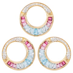 18K Gold Aquamarine Pink Tourmaline Diamond Art Deco Style Pendant Earrings Set