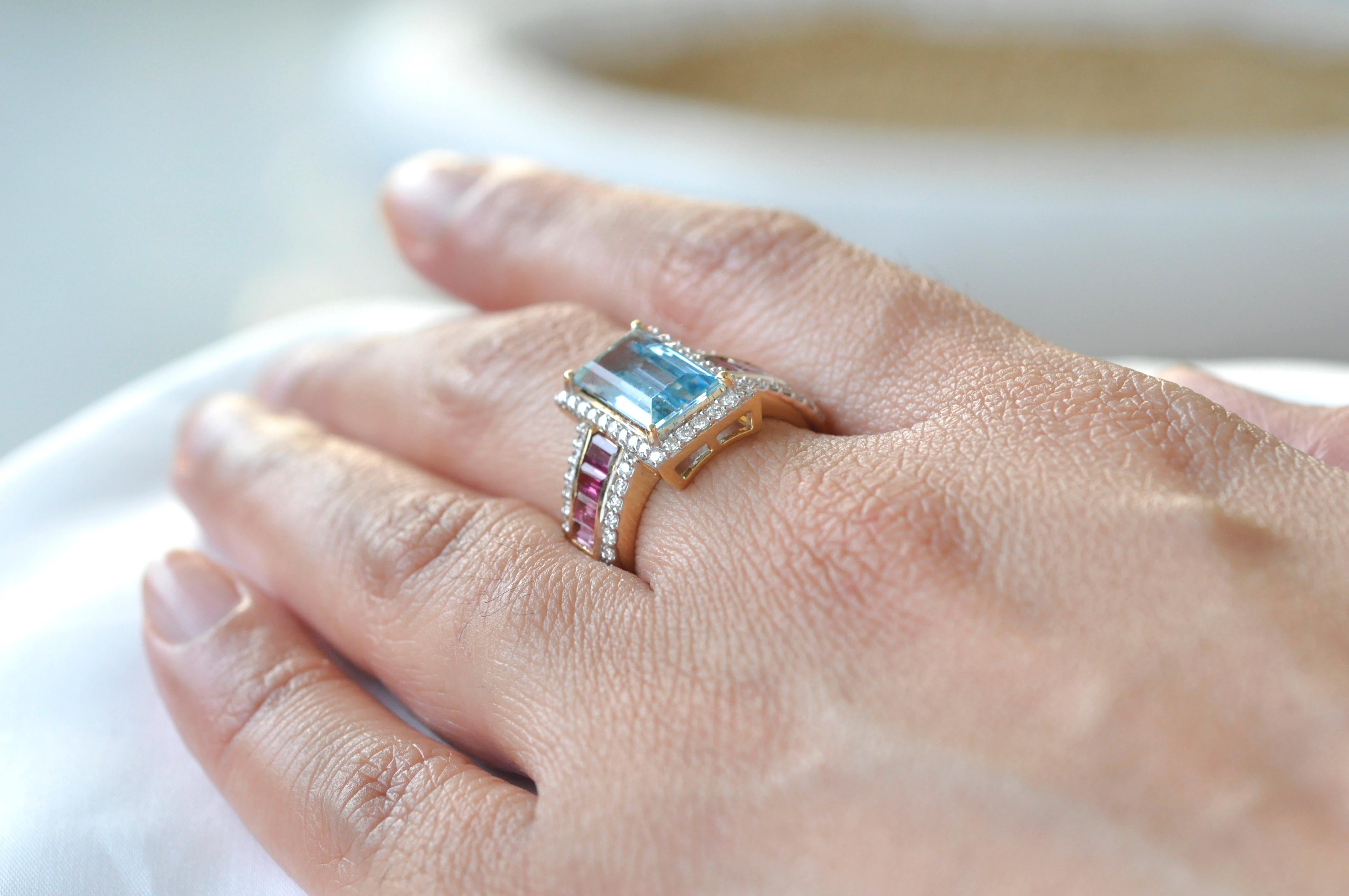 18 Karat Gold Aquamarine Pink Tourmaline Baguette Engagement Diamond Ring For Sale 2