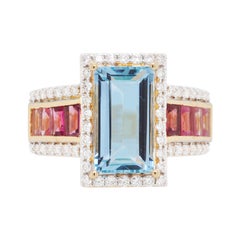 18 Karat Gold Aquamarine Pink Tourmaline Baguette Engagement Diamond Ring