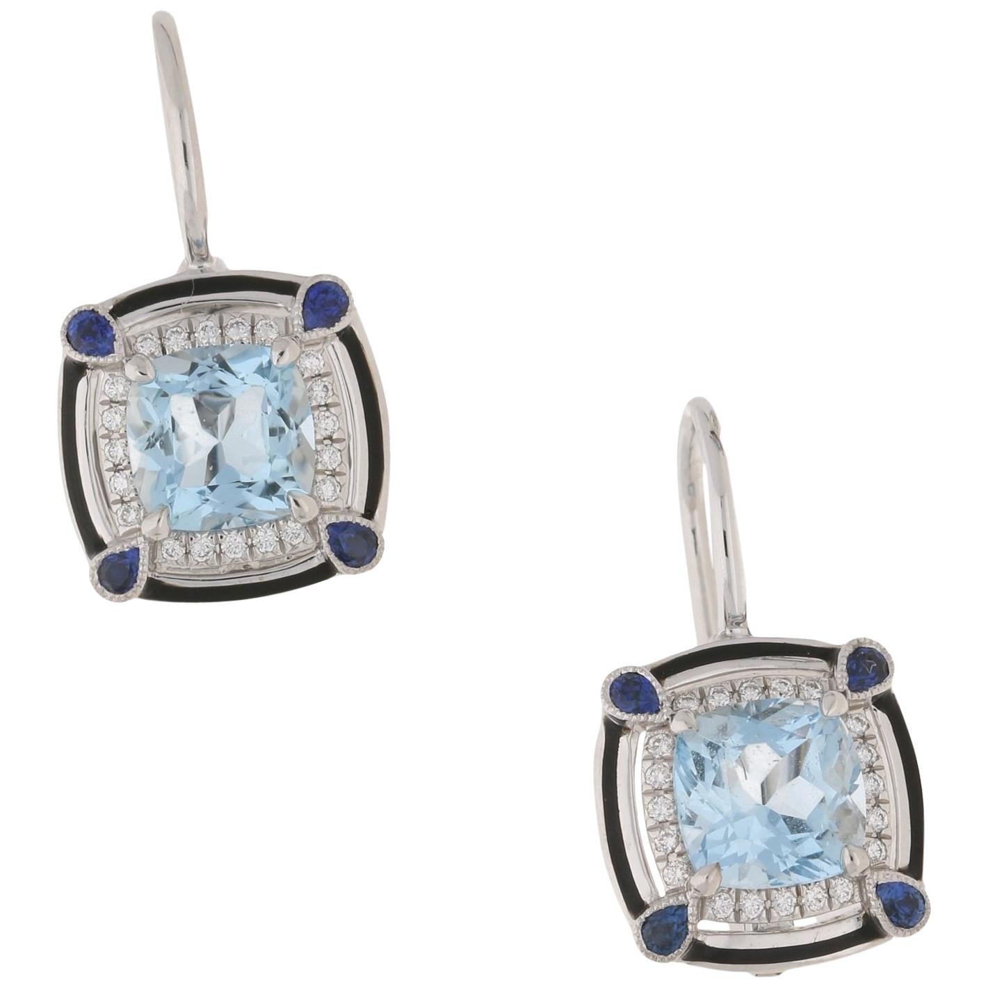 18 Karat Gold Aquamarine Sapphire Diamond Earrings