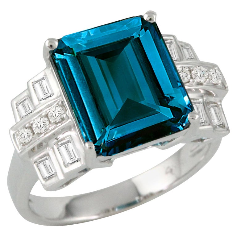 18 Karat Gold Cocktail Ring with London Blue Topaz and Baguette