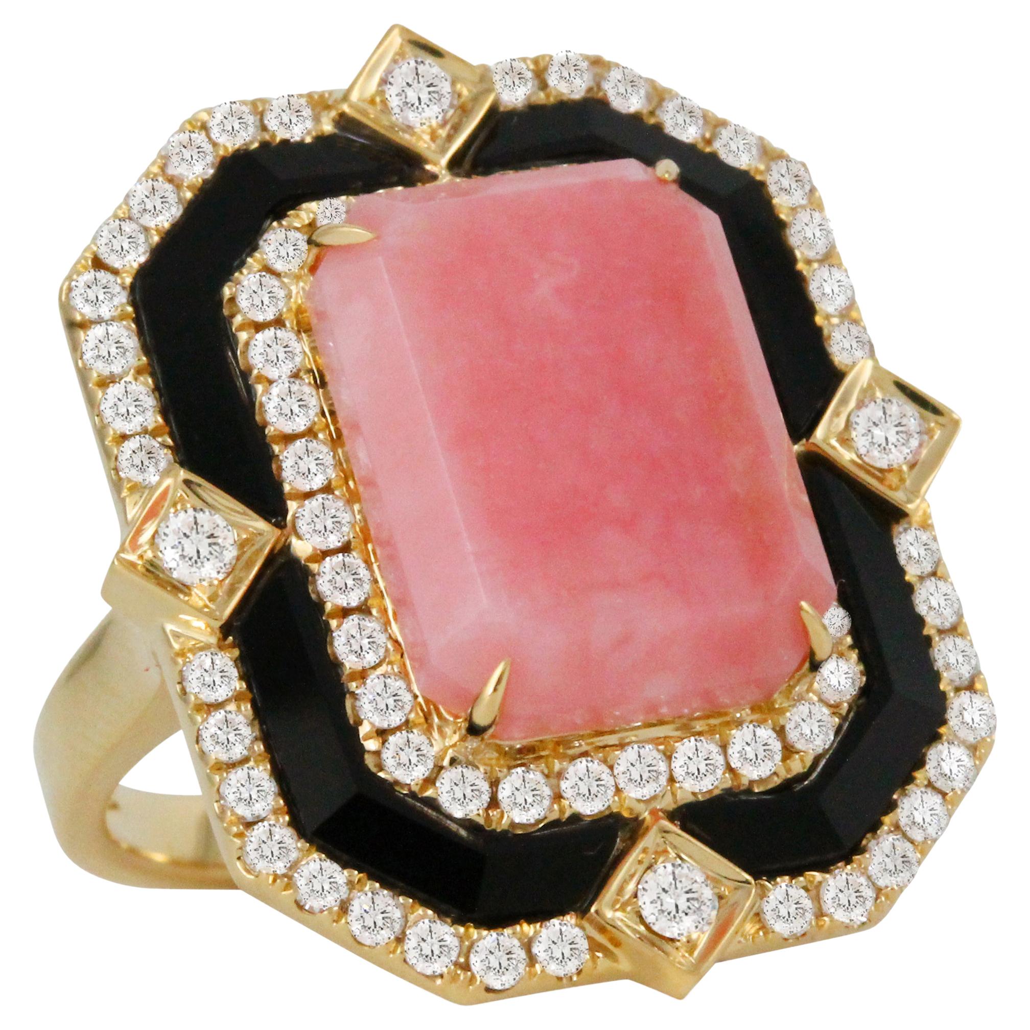 18 Karat Gold Cocktail Ring with Pink Opal, Black Onyx and Diamonds