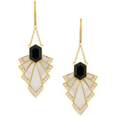 18 Karat Gold Art Deco Style Dangle Earrings with Black Onyx and Mother of Pearl