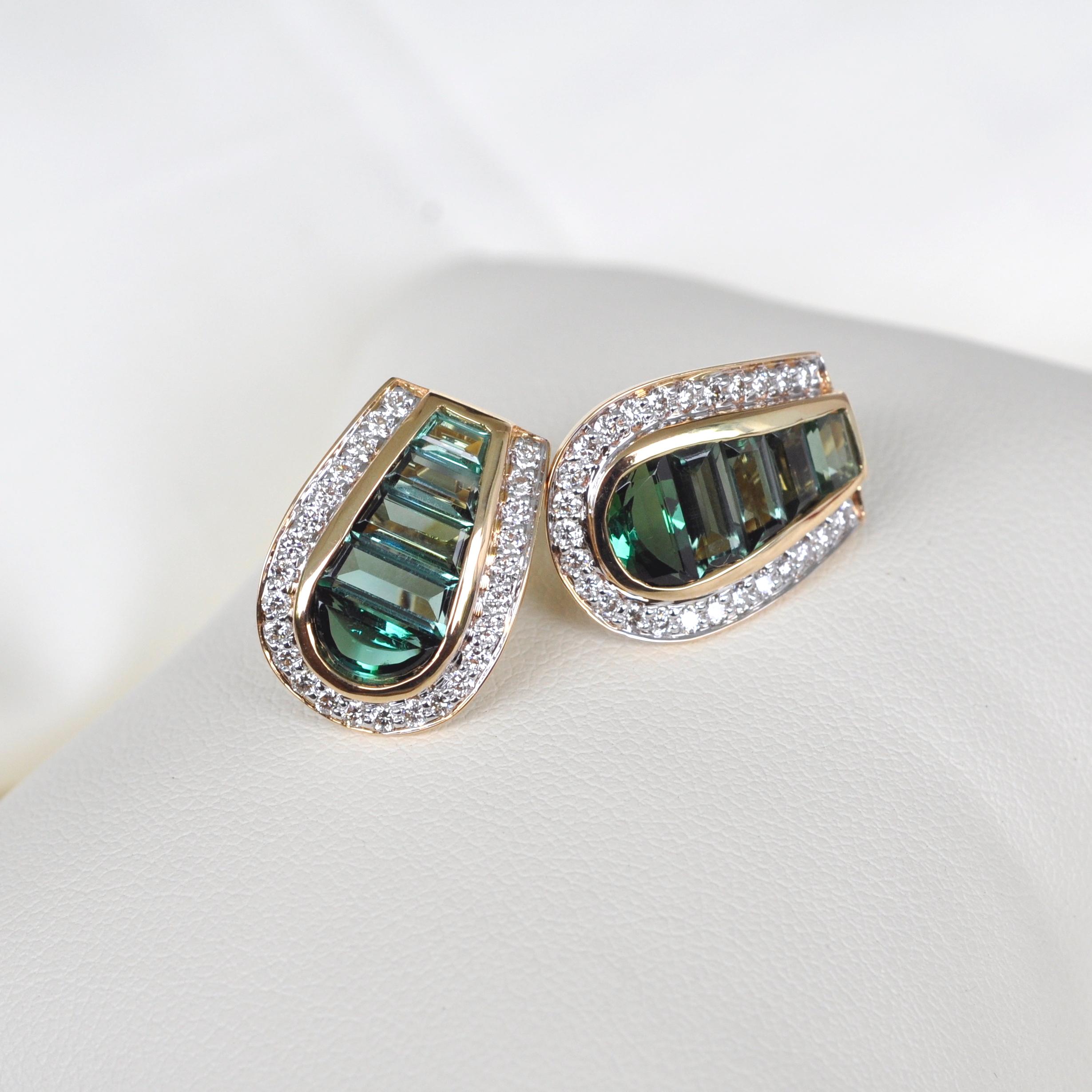 18 Karat Gold Art Deco Style Channel Set Green Tourmaline Diamond Studs Earrings 6