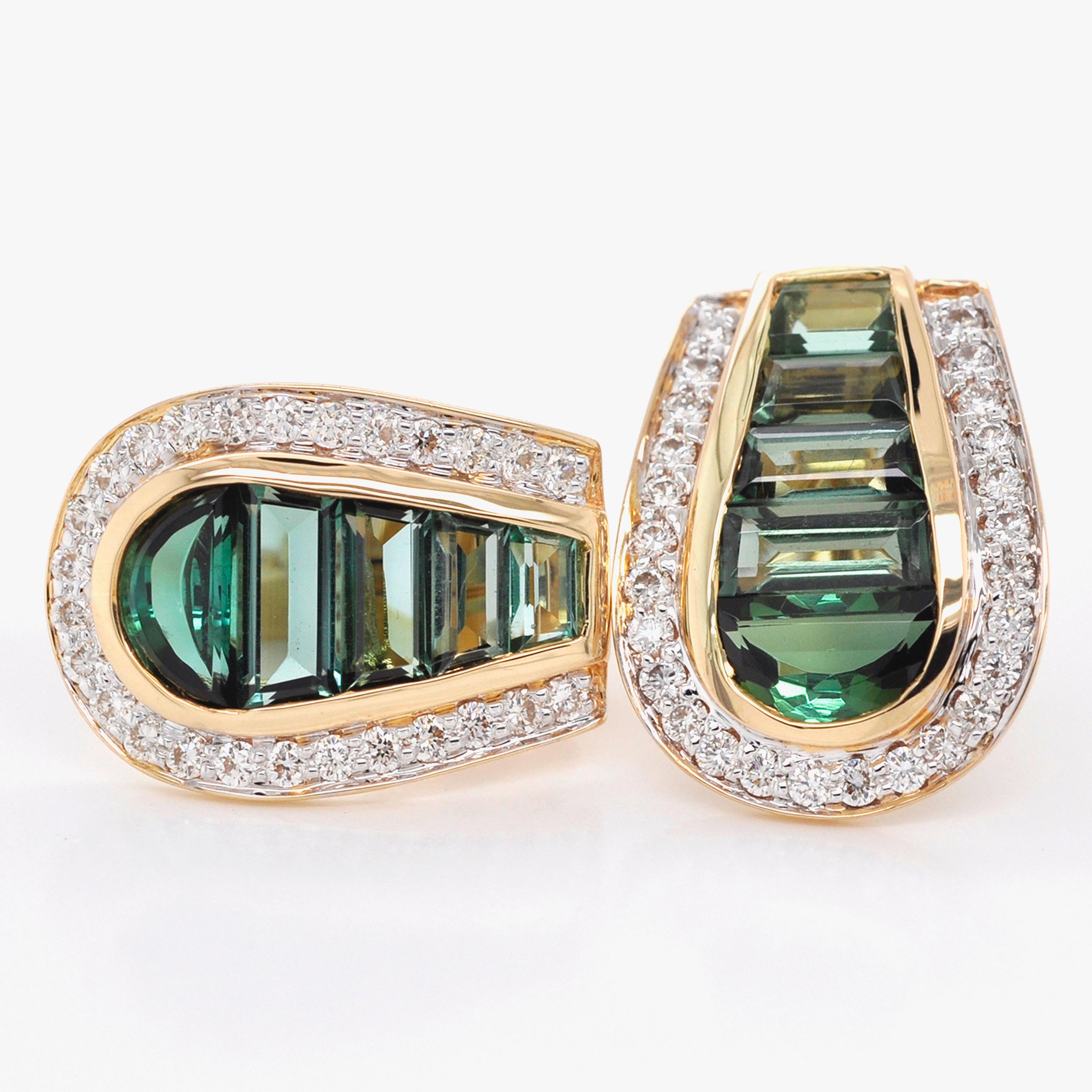 Women's 18 Karat Gold Art Deco Style Channel Set Green Tourmaline Diamond Studs Earrings