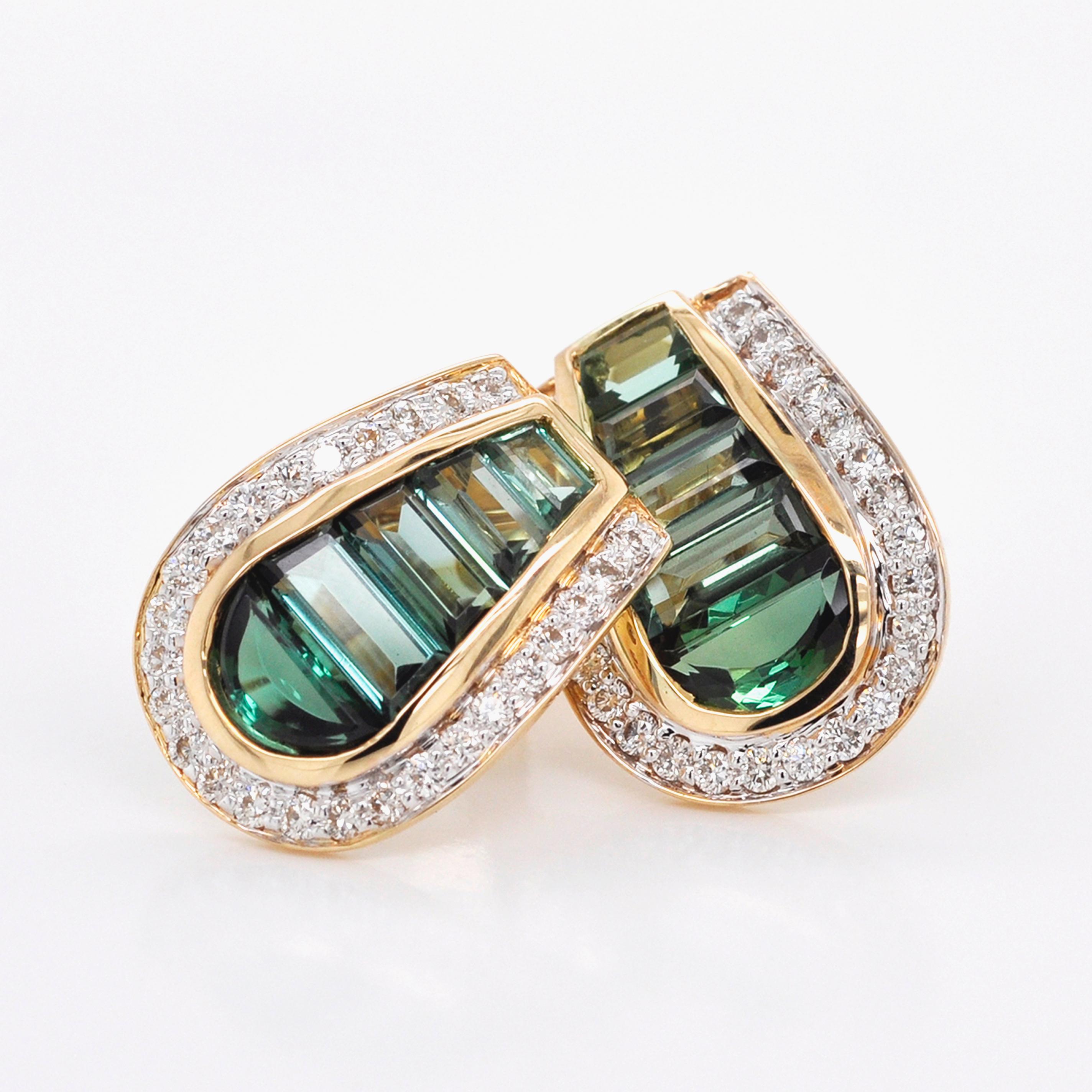 18 Karat Gold Art Deco Style Channel Set Green Tourmaline Diamond Studs Earrings 1