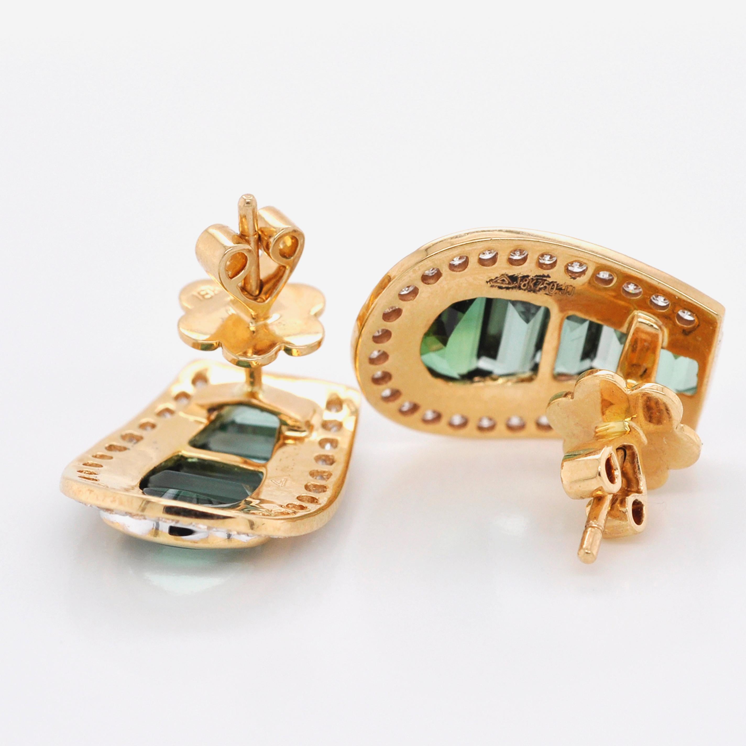 18 Karat Gold Art Deco Style Channel Set Green Tourmaline Diamond Studs Earrings 2
