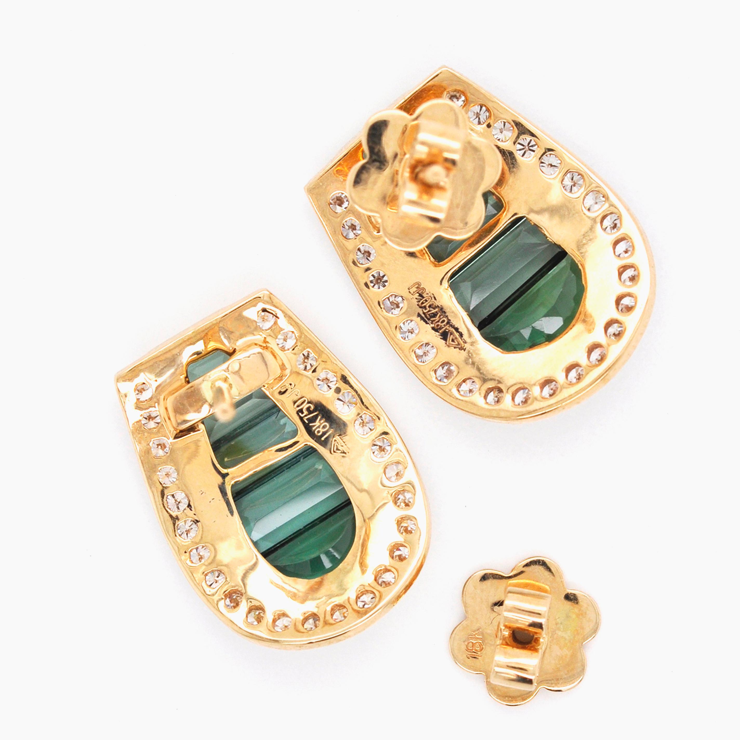 18 Karat Gold Art Deco Style Channel Set Green Tourmaline Diamond Studs Earrings 3