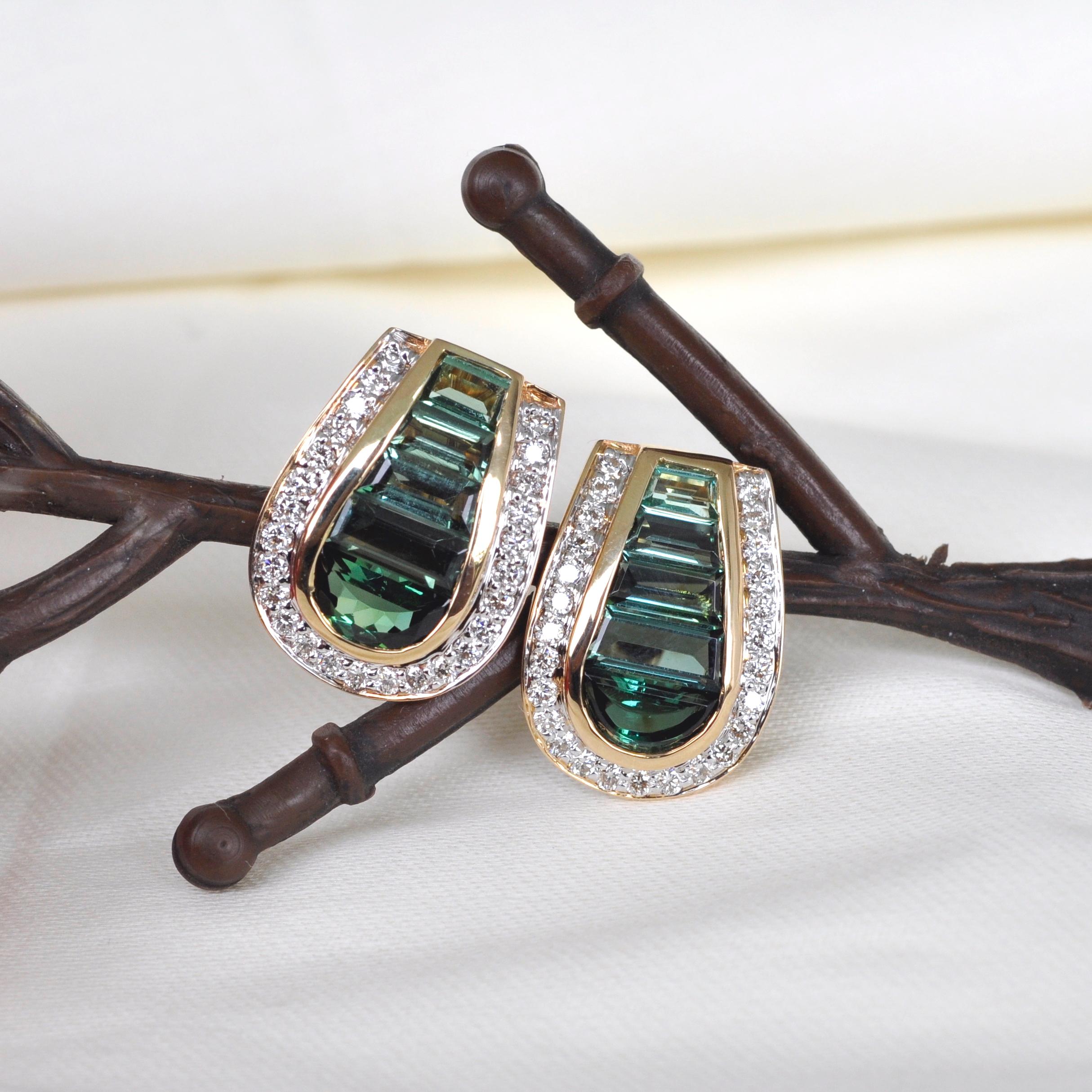 18 Karat Gold Art Deco Style Channel Set Green Tourmaline Diamond Studs Earrings 5