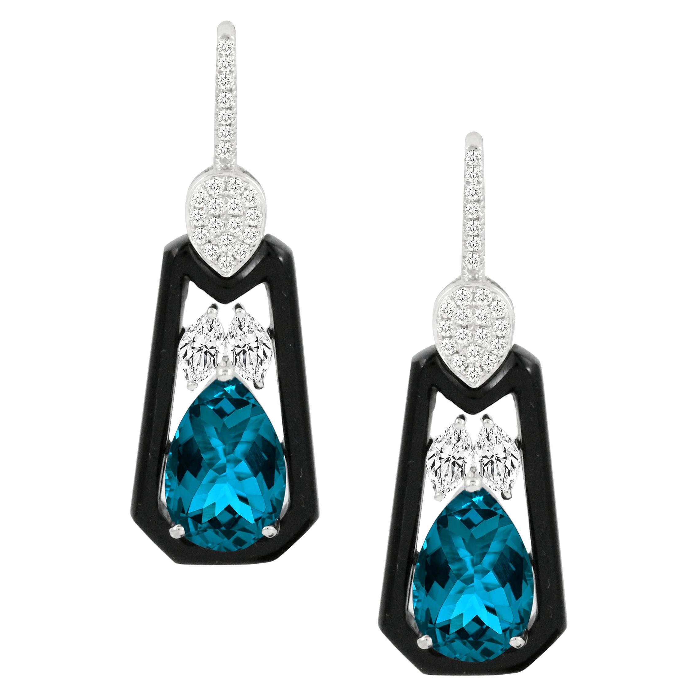18 Karat Gold Earrings w/ London Blue Topaz, Onyx and Marquise Diamonds For Sale