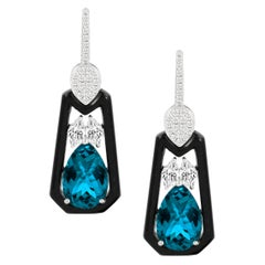 18 Karat Gold Earrings w/ London Blue Topaz, Onyx and Marquise Diamonds