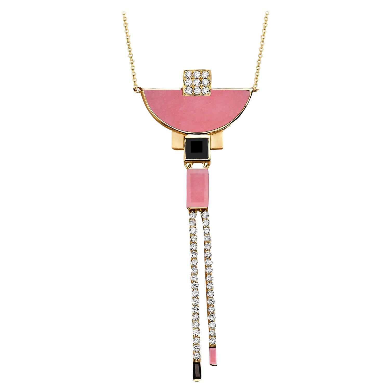 18 Karat Gold Art Deco Style Half-Moon Necklace Pink Opal, Black Onyx, Diamonds For Sale