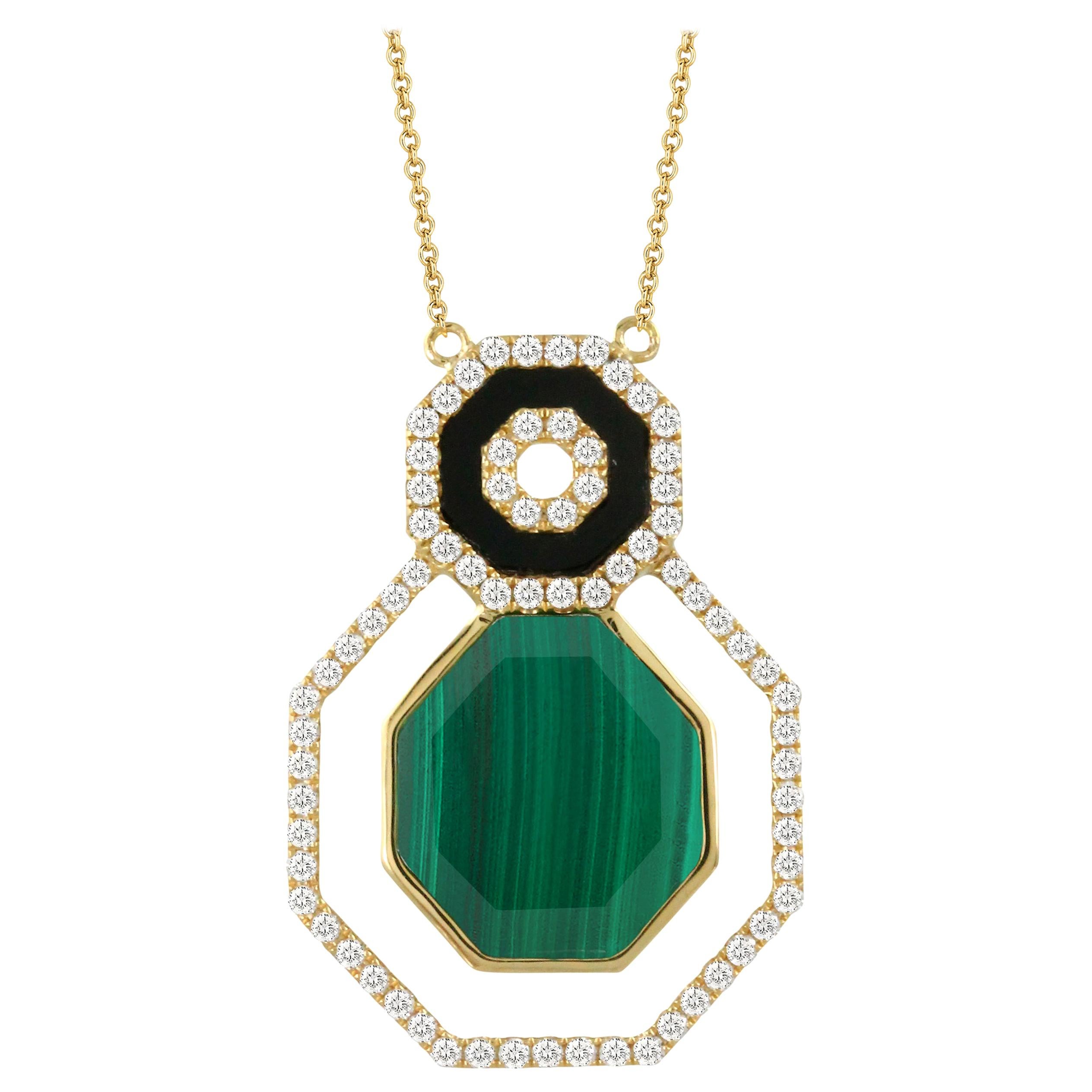 18 Karat Gold Art Deco Style Hexagon Necklace Malachite, Black Onyx and Diamonds