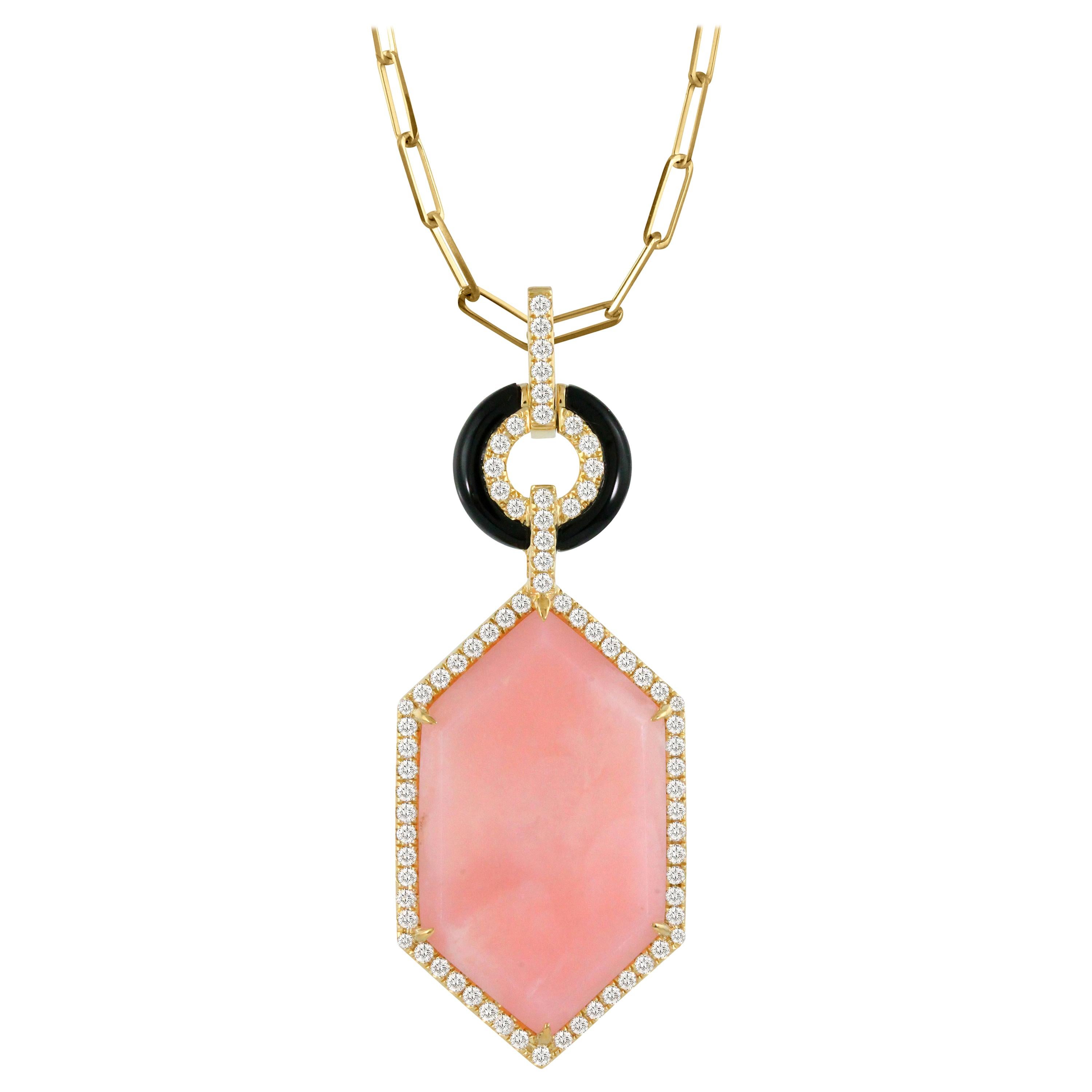 18 Karat Gold Art Deco Hexagon Necklace with Pink Opal, Black Onyx, Diamonds