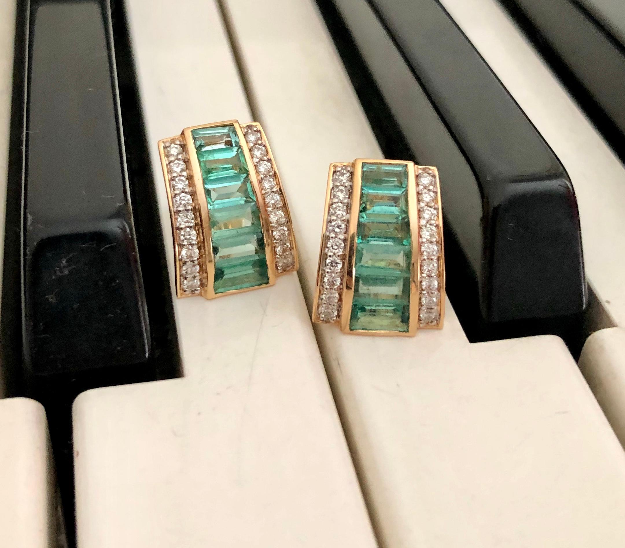 18 Karat Gold Art Deco Mint Green Emerald Baguette Diamond Stud Earrings 6