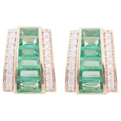 18 Karat Gold Art Deco Mint Green Emerald Baguette Diamond Stud Earrings