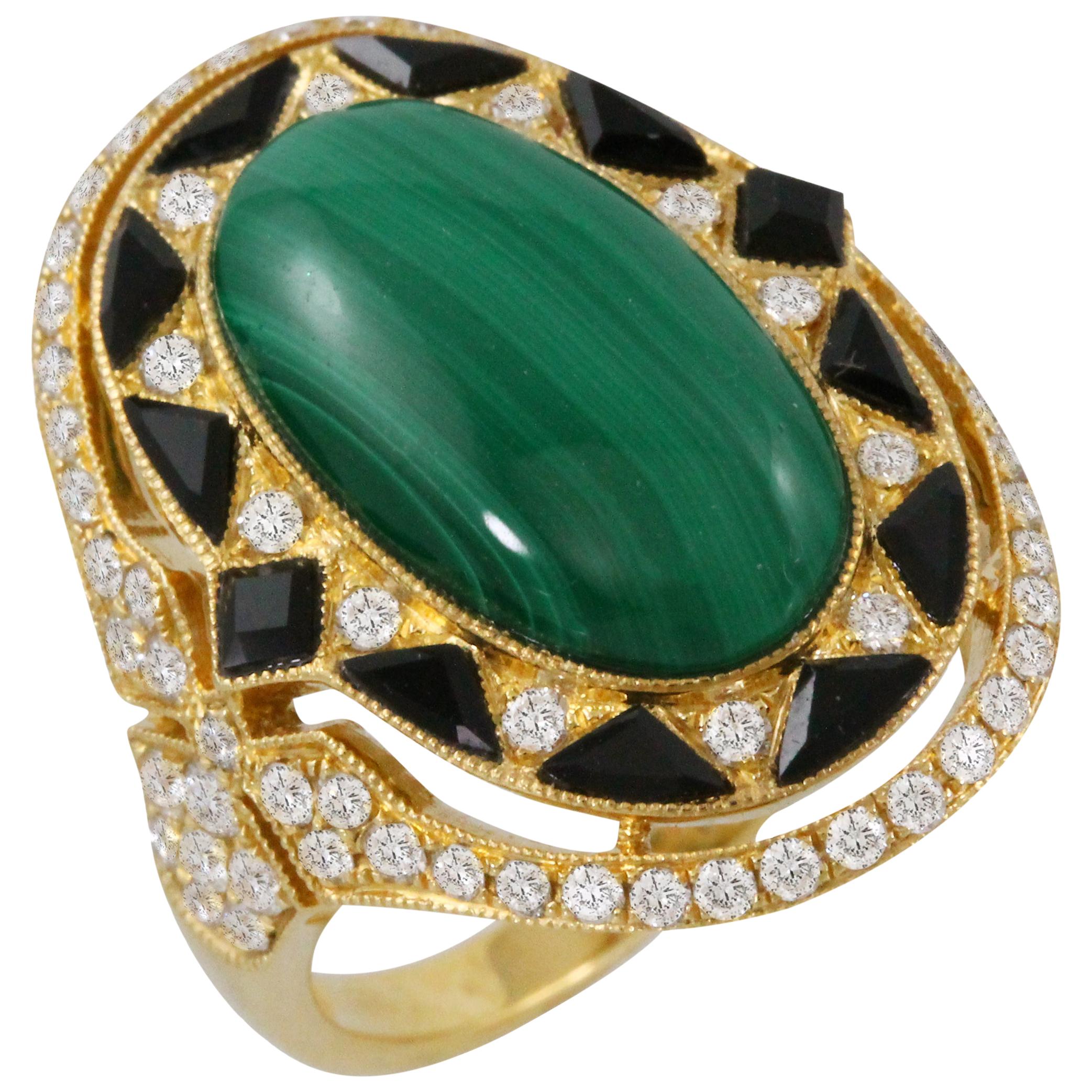 18 Karat Gold Art Deco Style Ring Cabochon Oval Malachite Black Onyx Diamonds For Sale