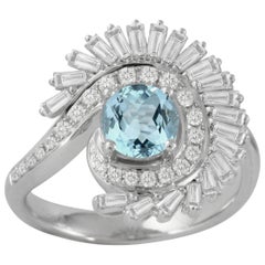 18 Karat Gold Art Deco Style Round Aquamarine Cocktail Ring Baguette Diamonds