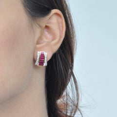 18 Karat Gold Calibre Cut Art Deco Channel Set Ruby Baguette Diamond Ear-Clips