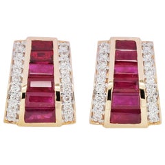 18 Karat Gold Calibre Cut Art Deco Channel Set Ruby Baguette Diamond Ear-Clips