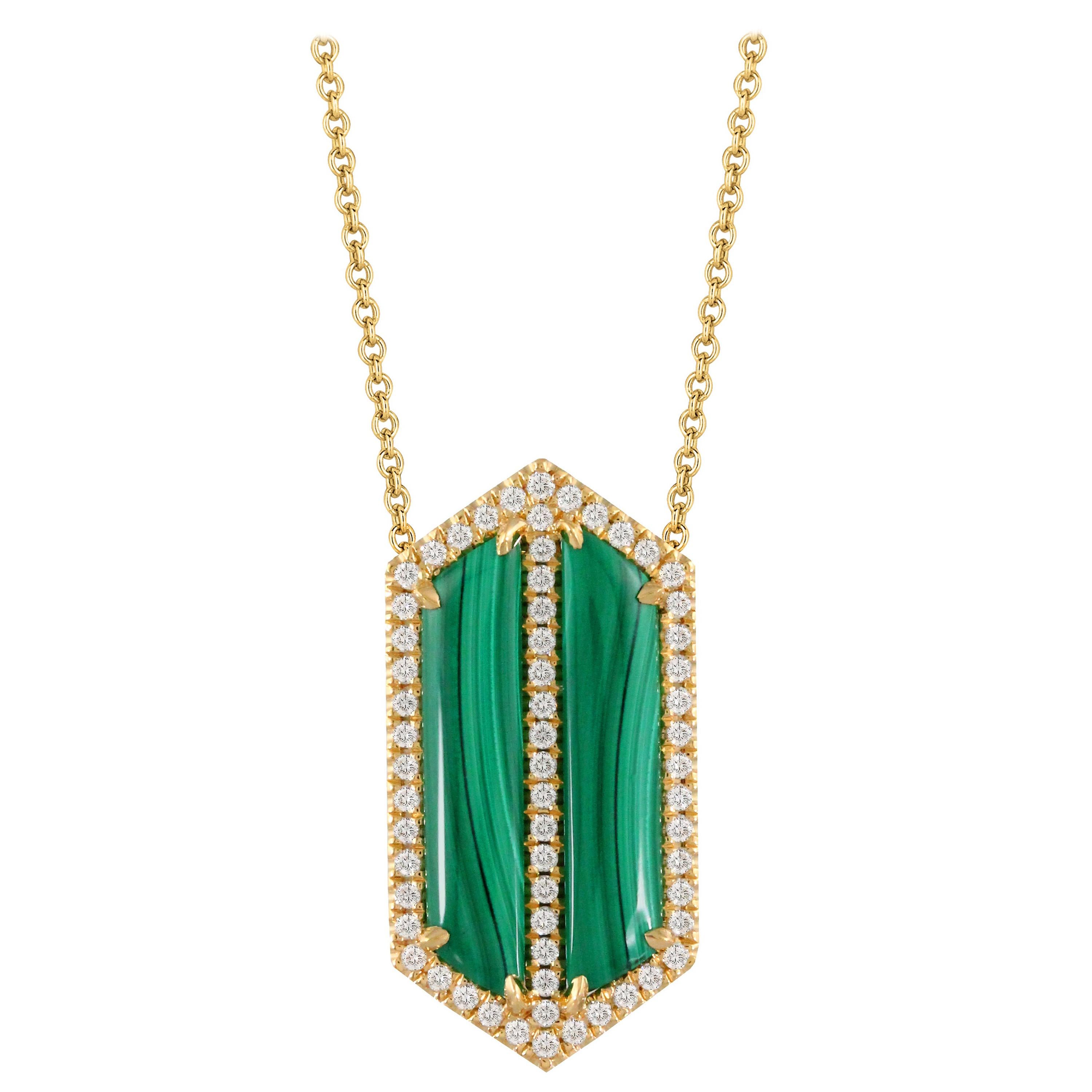 18 Karat Gold Art Deco Style Necklace with Cabochon Malachite and Diamonds