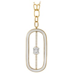 18 Karat Gold Art Deco Style Baguette Emerald Diamond Necklace with White Agate