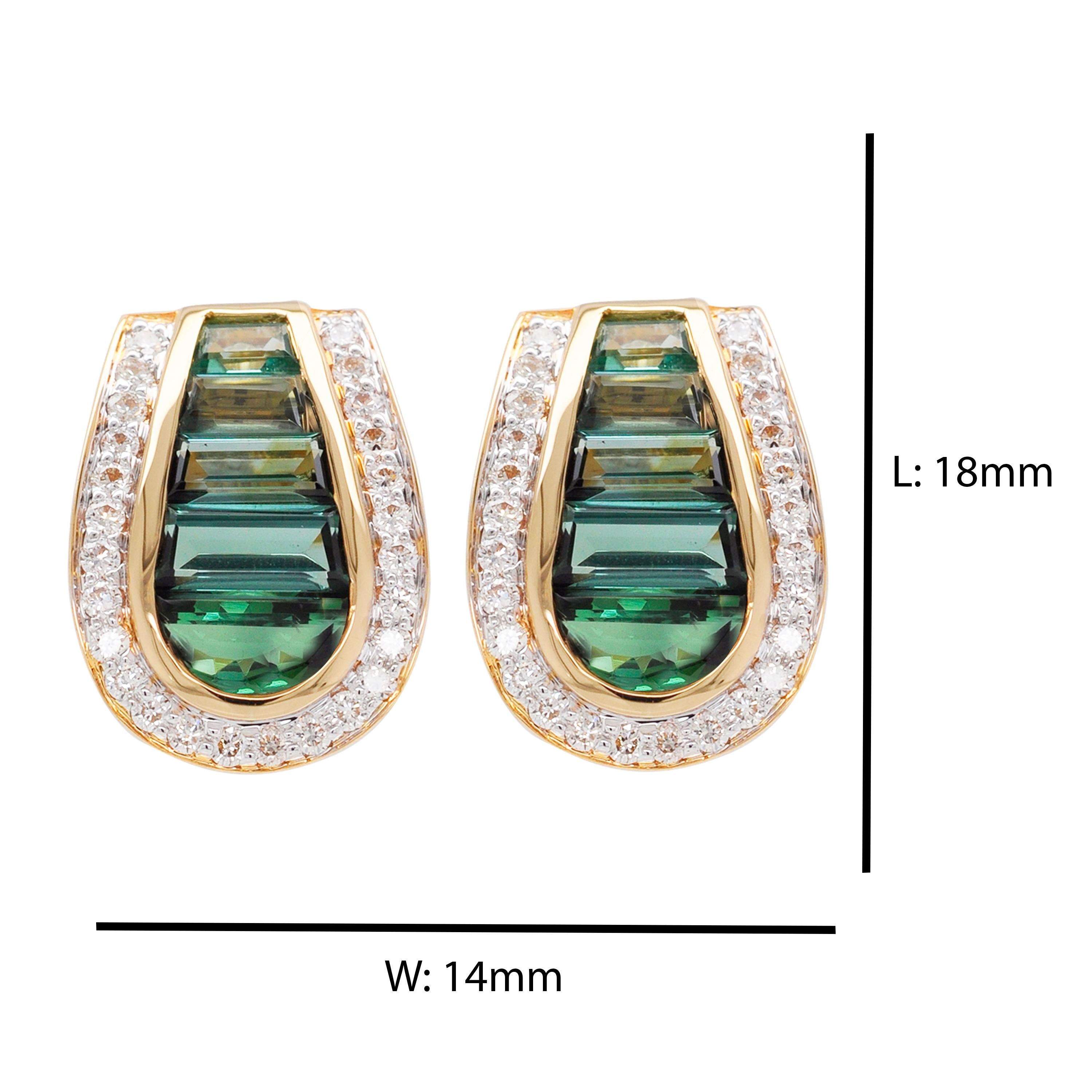 Tapered Baguette 18 Karat Gold Art Deco Style Channel Set Green Tourmaline Diamond Studs Earrings
