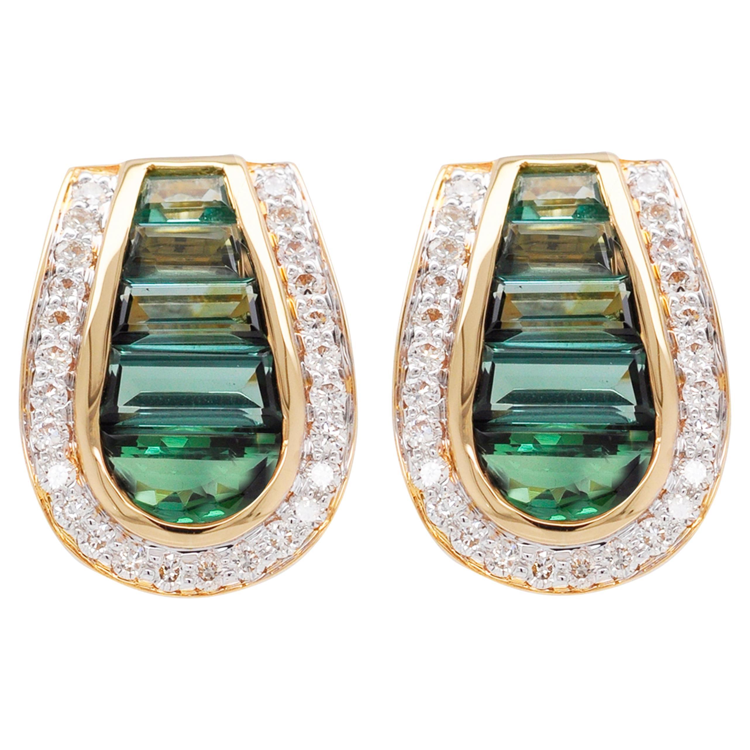 18 Karat Gold Art Deco Style Channel Set Green Tourmaline Diamond Studs Earrings