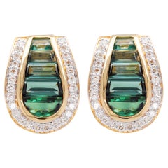 18 Karat Gold Art Deco Style Channel Set Green Tourmaline Diamond Studs Earrings
