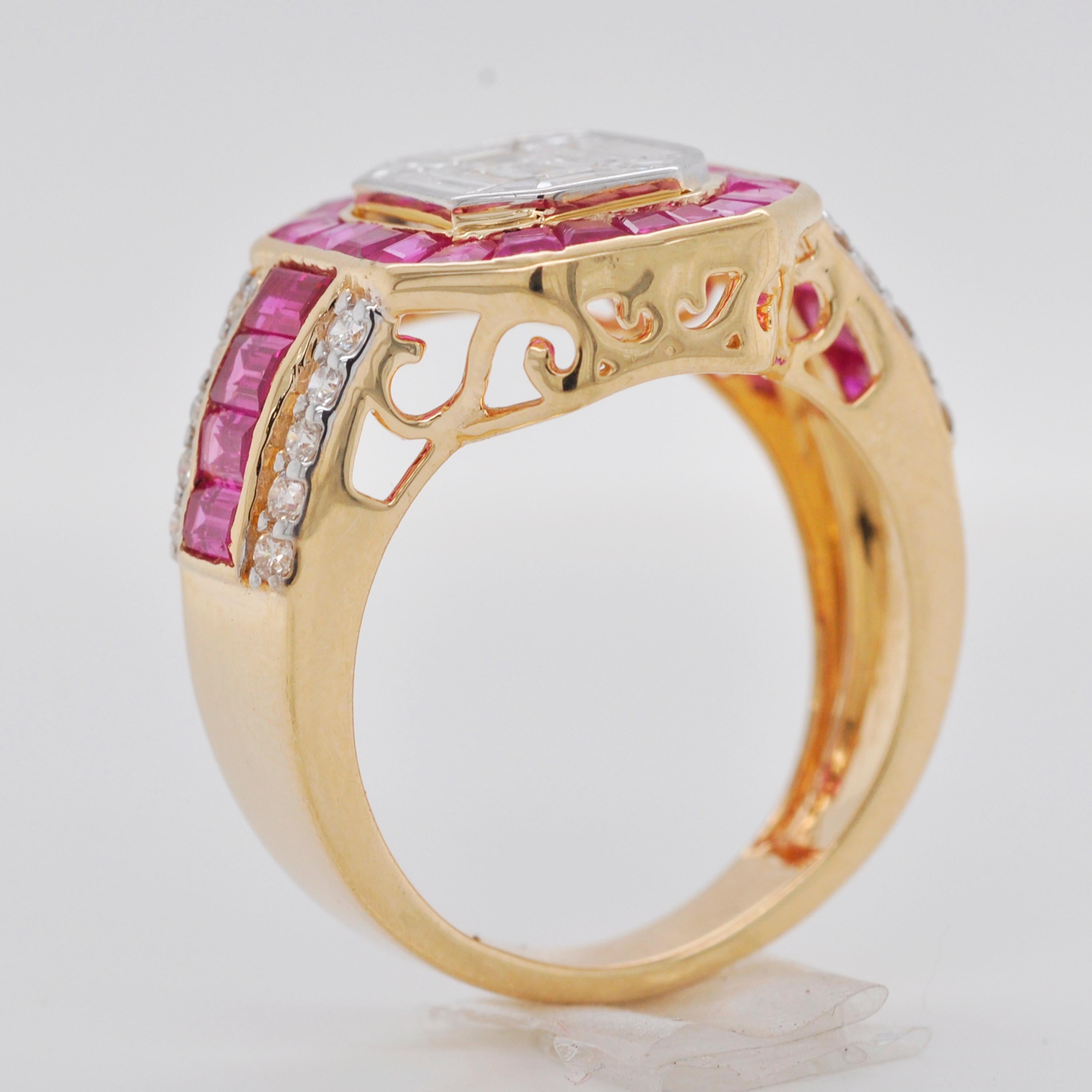 18 Karat Gold Art Deco Style Emerald Cut Octagon Diamond Ruby Engagement Ring  2