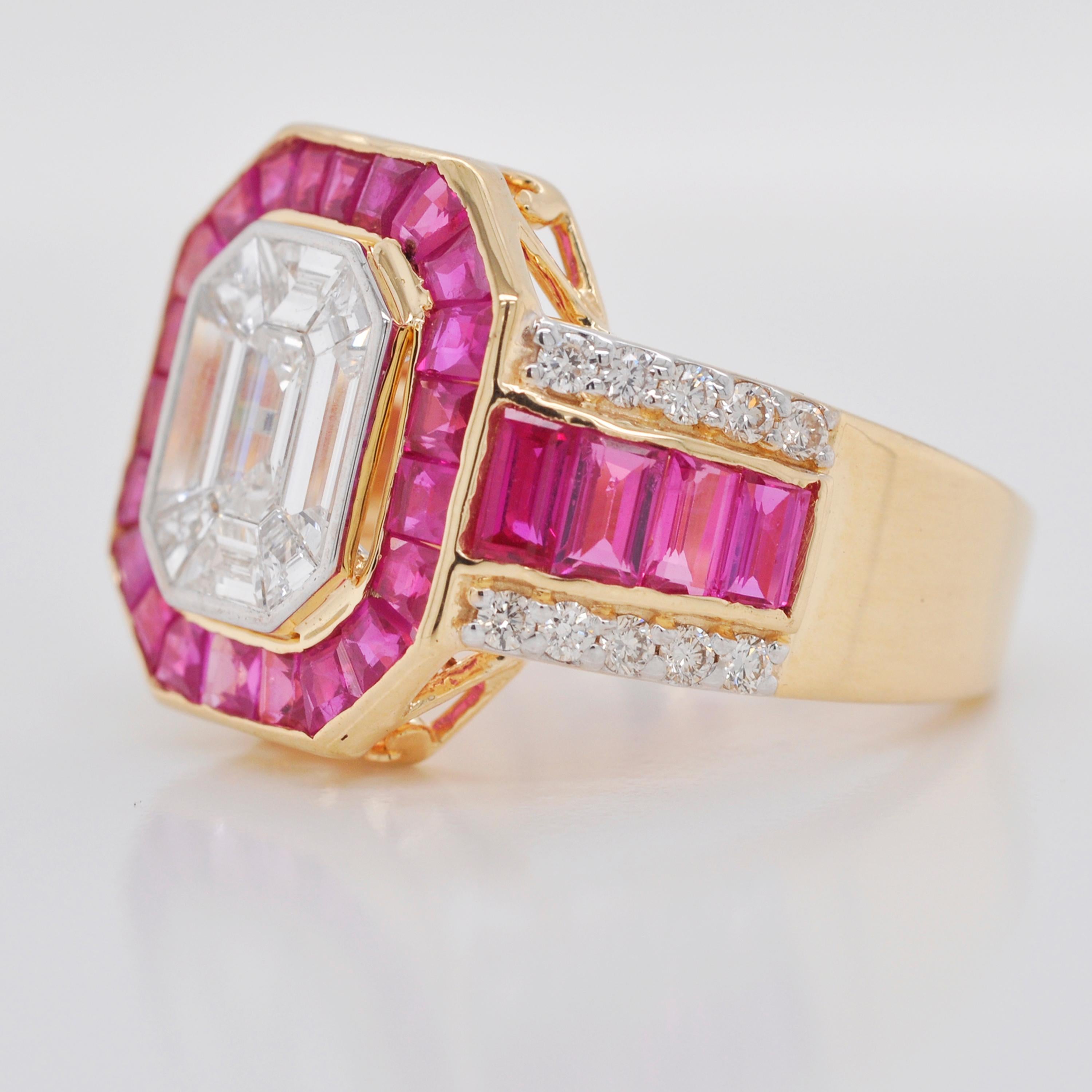 18 Karat Gold Art Deco Style Emerald Cut Octagon Diamond Ruby Engagement Ring  3