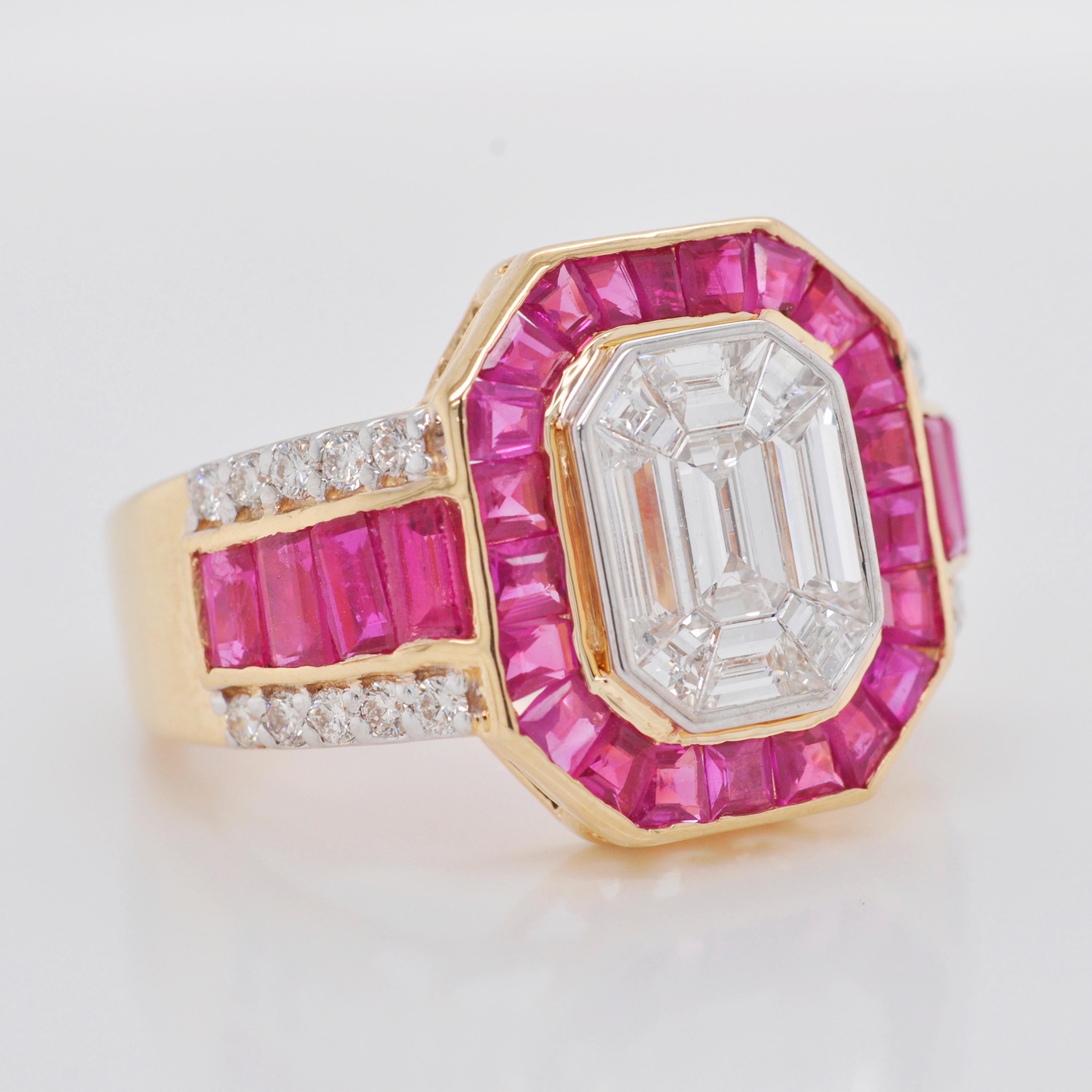 18 Karat Gold Art Deco Style Emerald Cut Octagon Diamond Ruby Engagement Ring  5