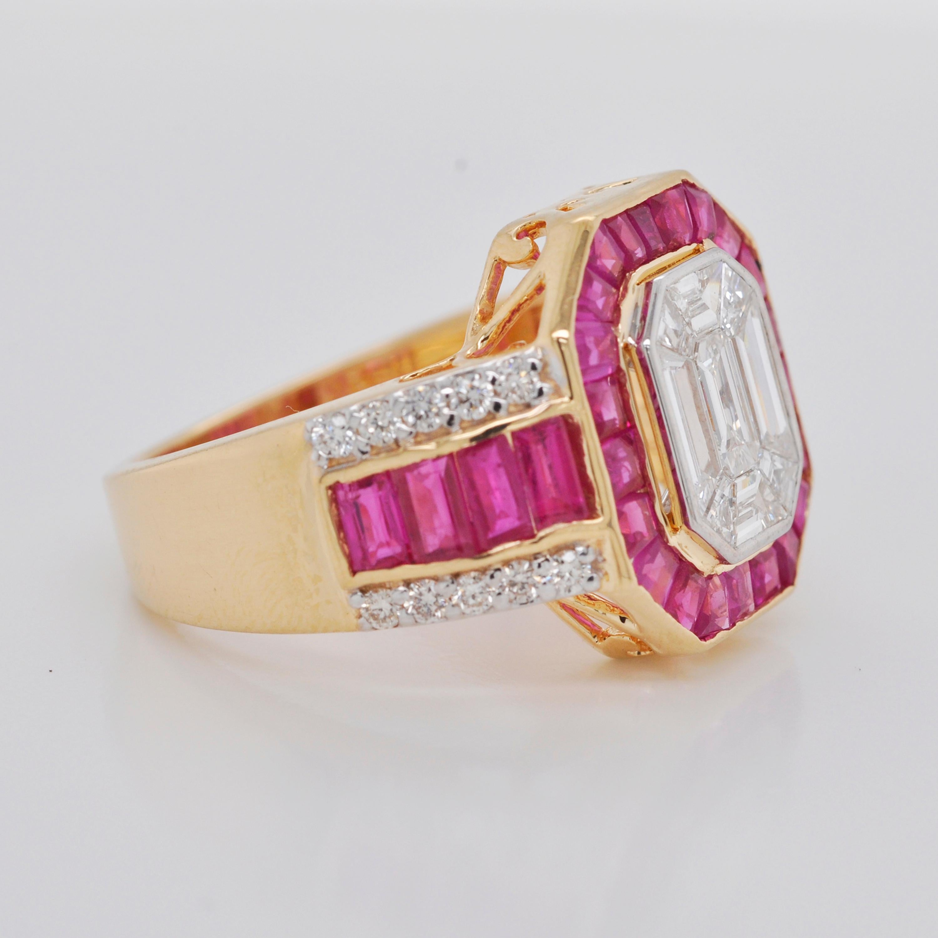 18 Karat Gold Verlobungsring im Art-Déco-Stil, Smaragdschliff, achteckiger Diamant und Rubin 8