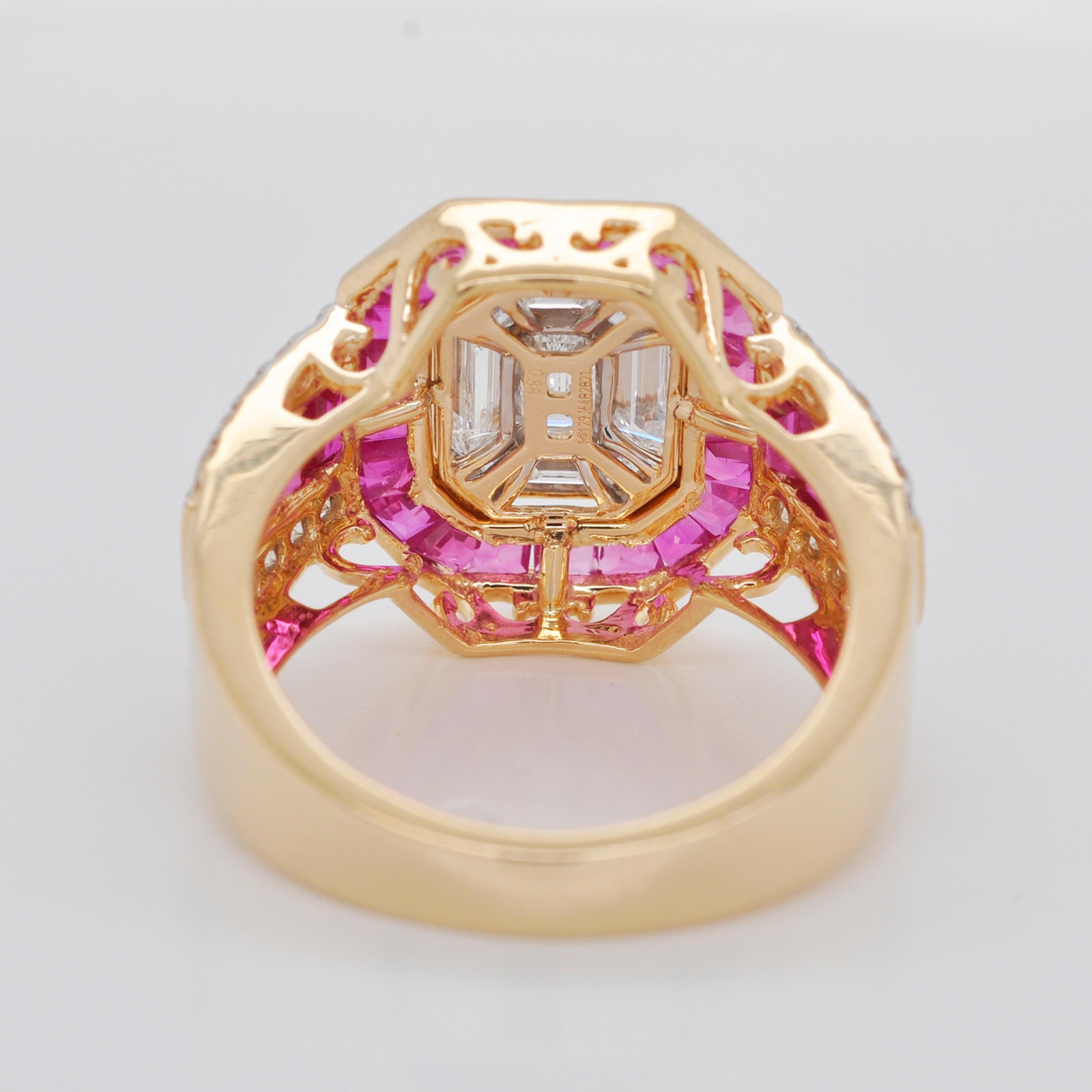 18 Karat Gold Art Deco Style Emerald Cut Octagon Diamond Ruby Engagement Ring  7