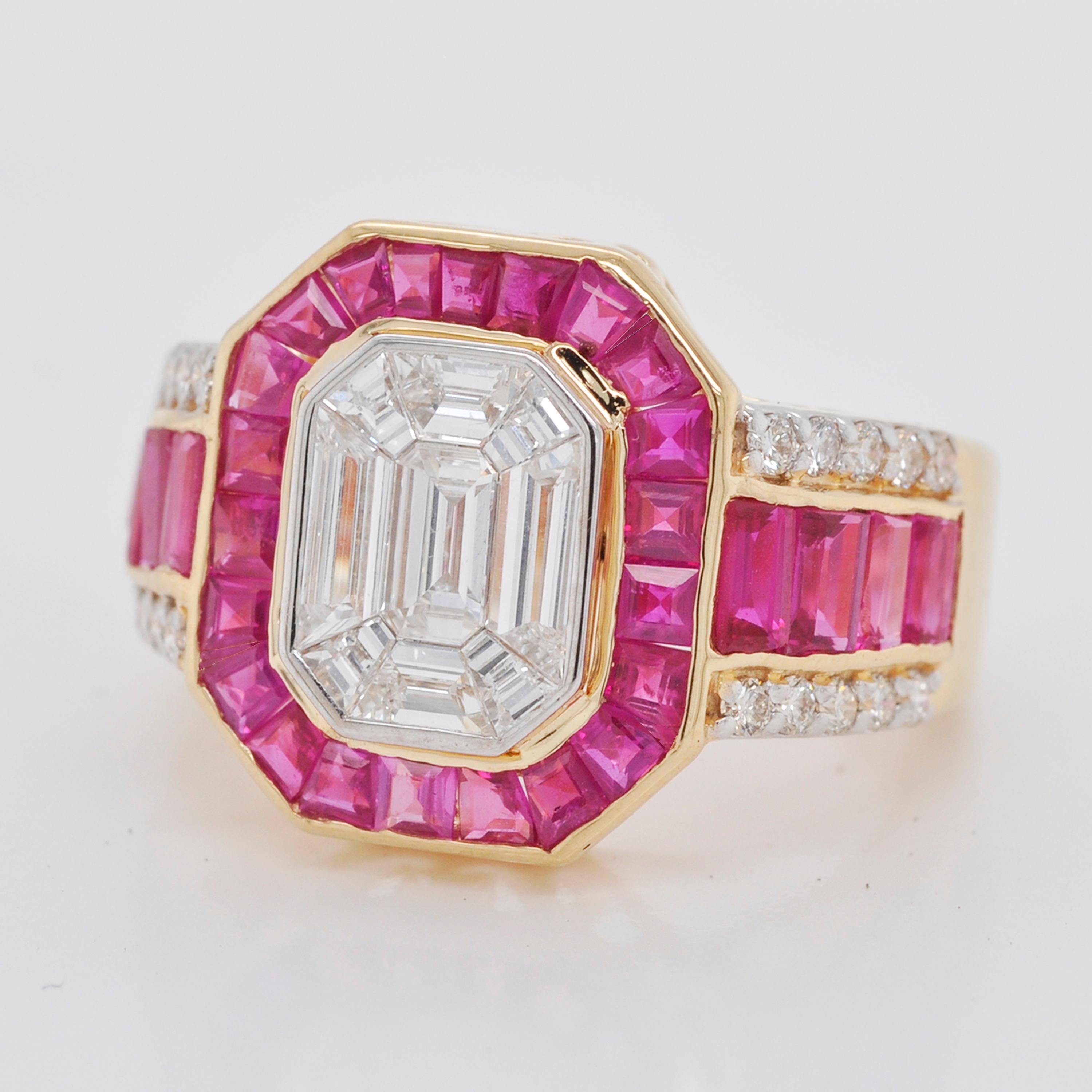 18 Karat Gold Verlobungsring im Art-Déco-Stil, Smaragdschliff, achteckiger Diamant und Rubin 10