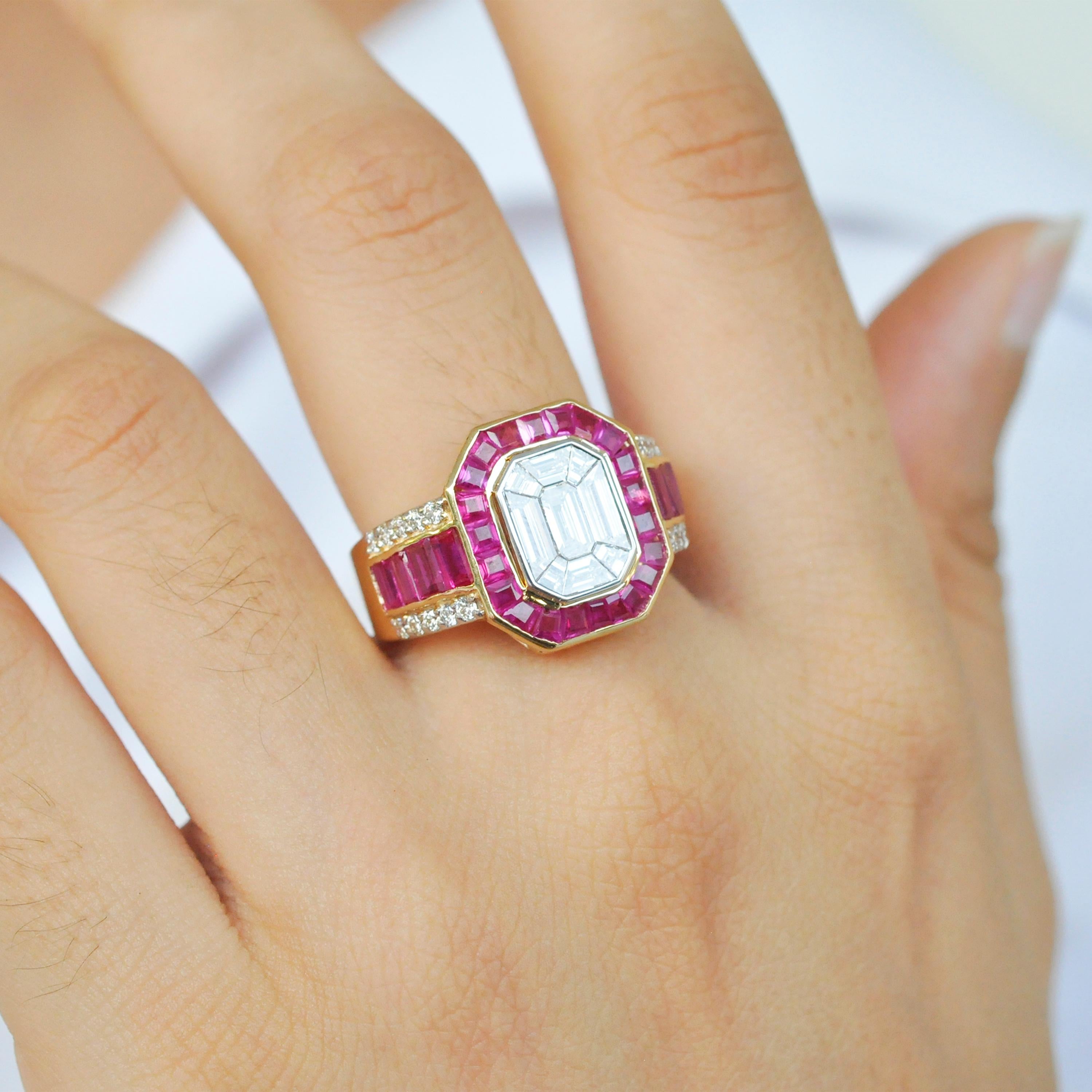 18 Karat Gold Art Deco Style Emerald Cut Octagon Diamond Ruby Engagement Ring  9