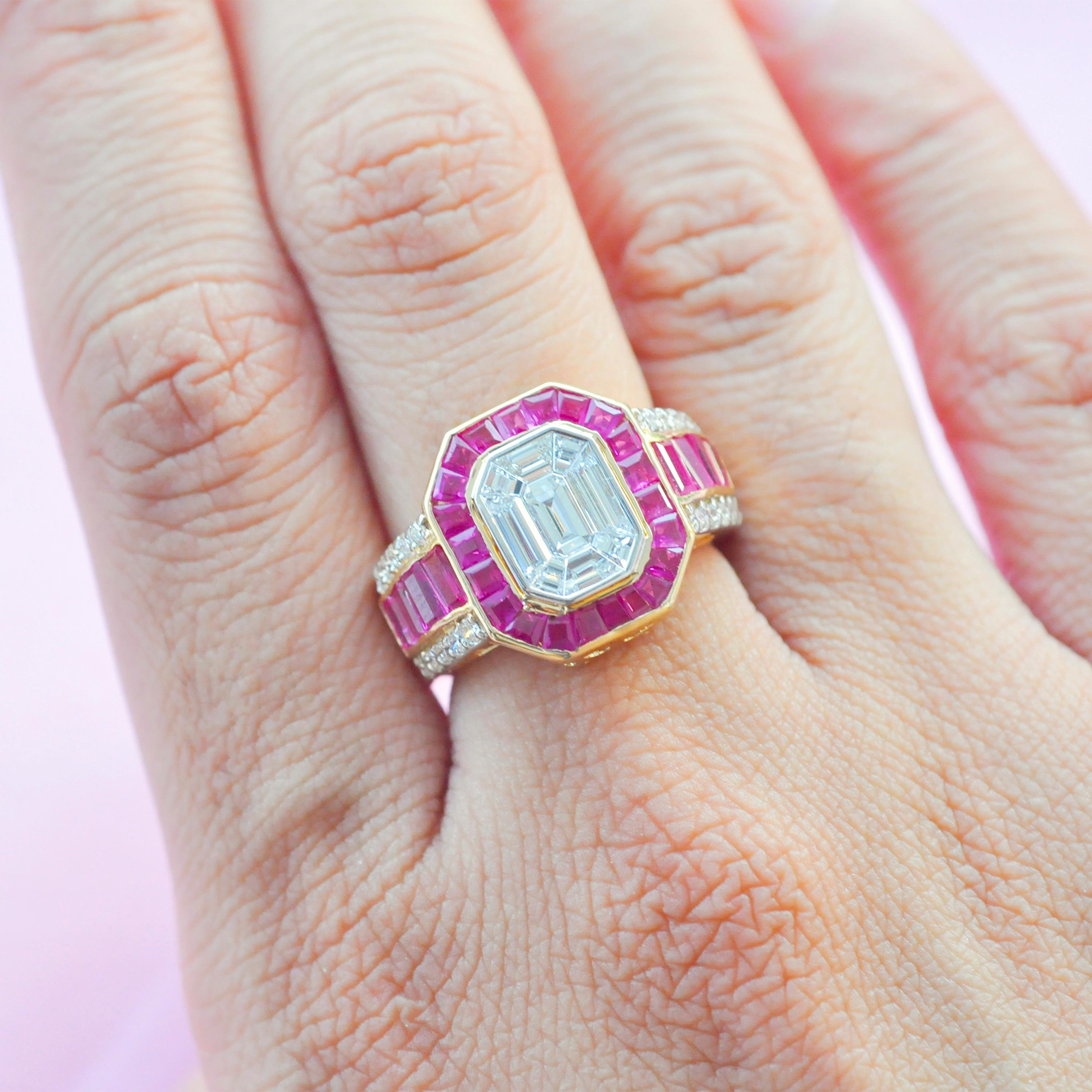 Art deco style inspired emerald cut octagon diamond ruby contemporary engagement ring in 18 karat gold

As we all know, art deco is characterised by geometric shapes. Inspired by art deco and giving it a contemporary make over is this diamond ruby