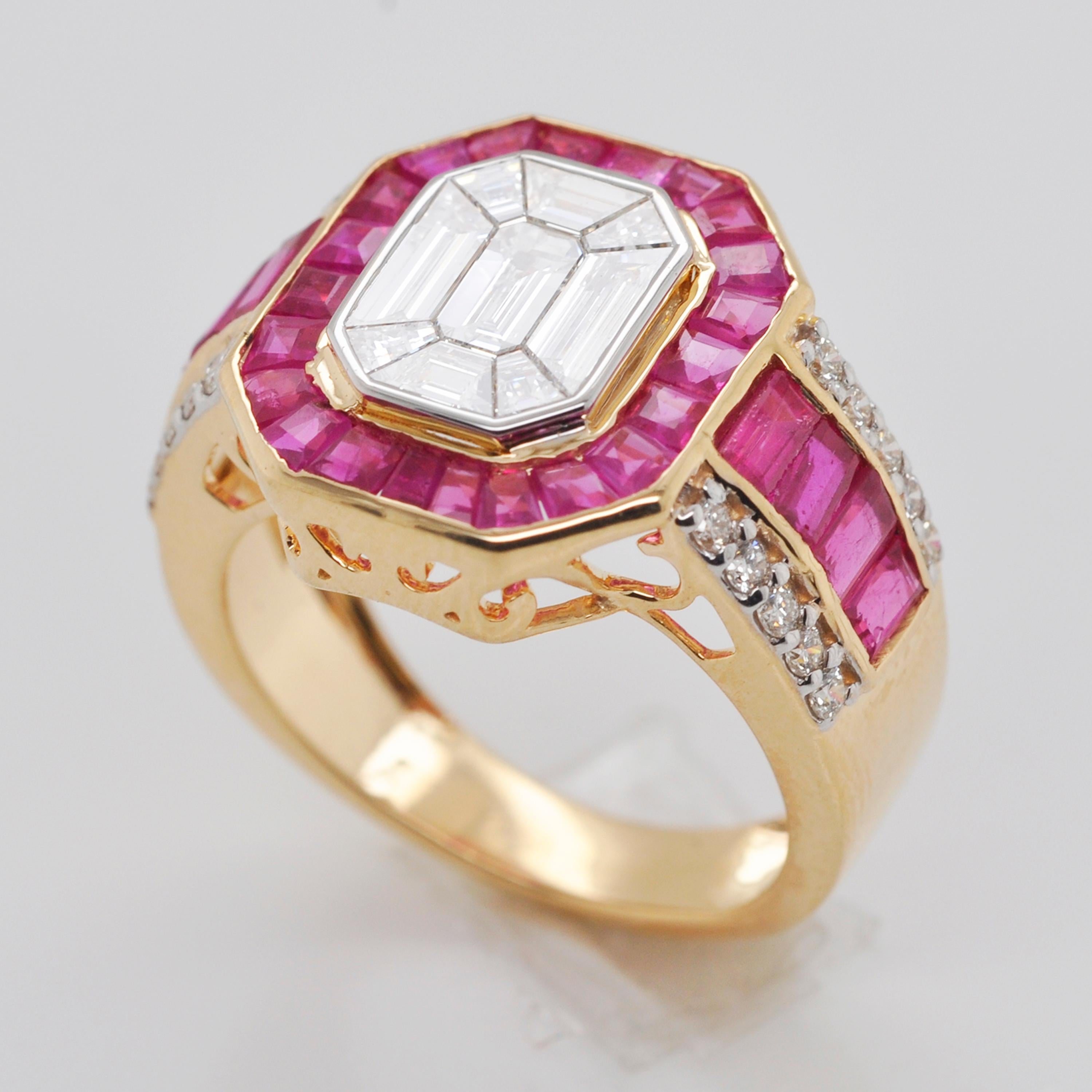 18 Karat Gold Verlobungsring im Art-Déco-Stil, Smaragdschliff, achteckiger Diamant und Rubin 2