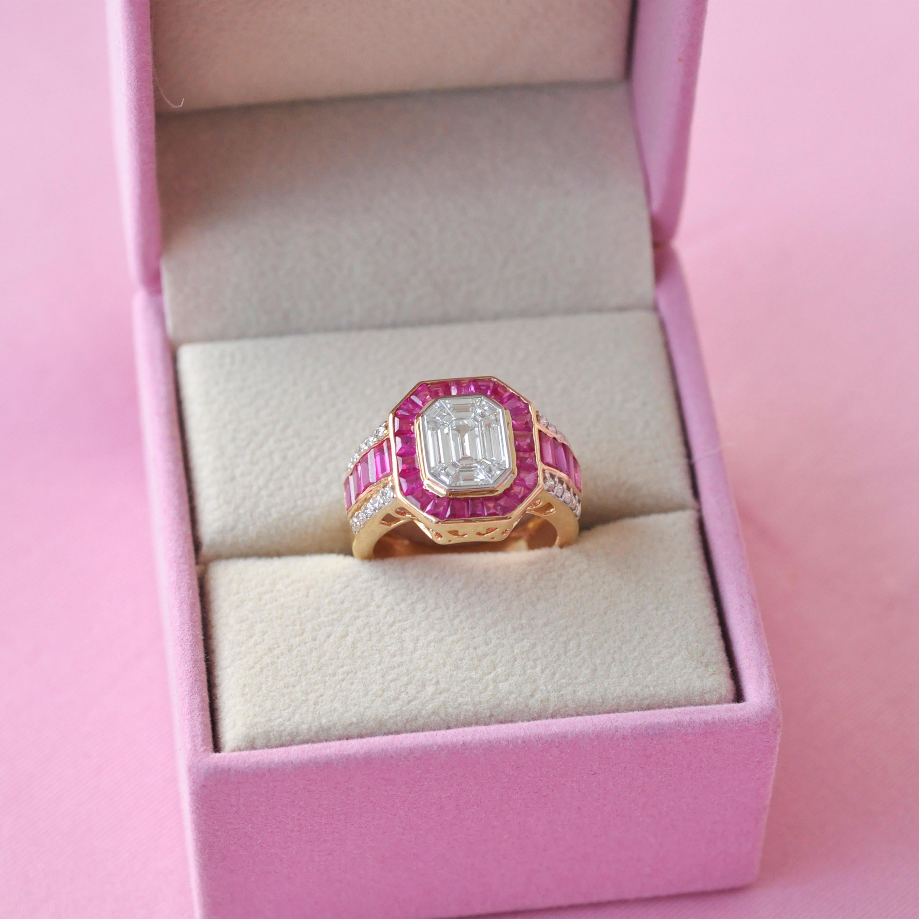 Tapered Baguette 18 Karat Gold Art Deco Style Emerald Cut Octagon Diamond Ruby Engagement Ring 