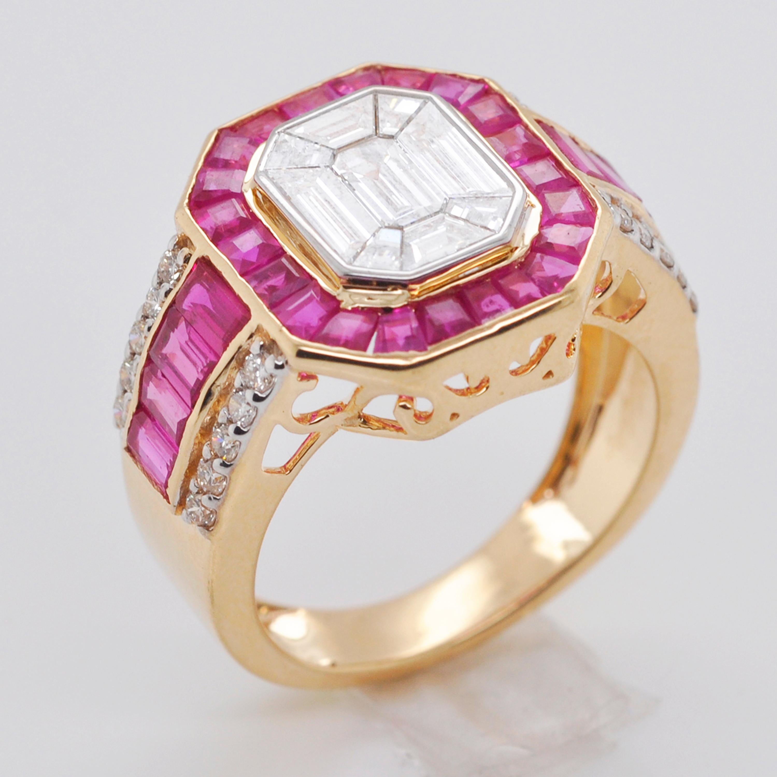 18 Karat Gold Art Deco Style Emerald Cut Octagon Diamond Ruby Engagement Ring  1