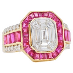 18 Karat Gold Art Deco Style Emerald Cut Octagon Diamond Ruby Engagement Ring 