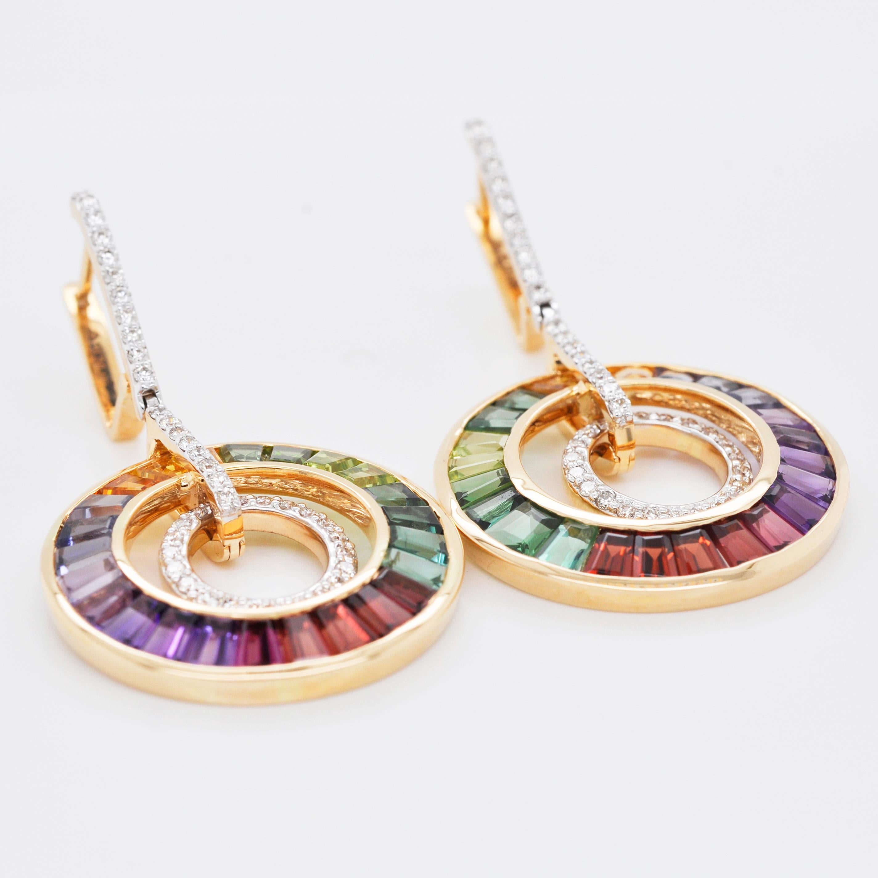 Art Deco 18 Karat Gold Art-Deco Style Rainbow Gemstones Diamond Circular Dangle Earrings