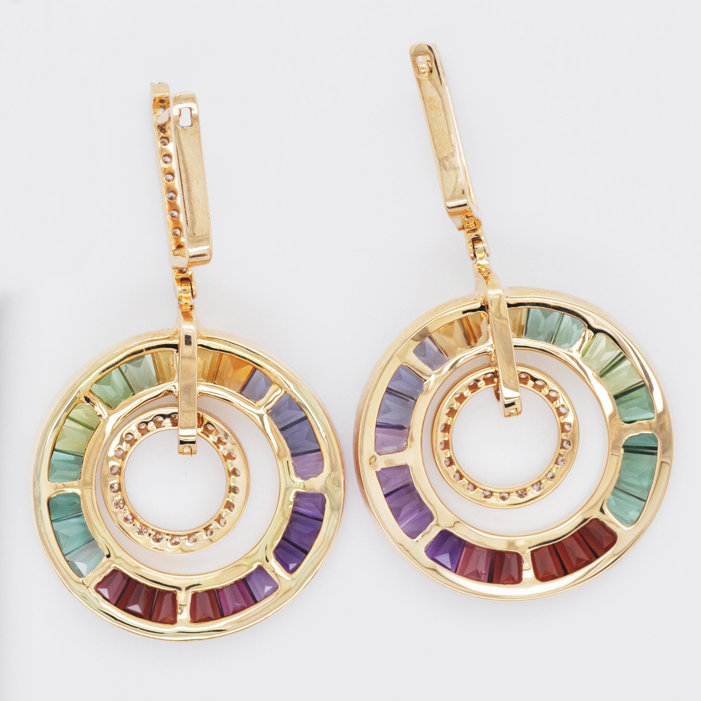 Tapered Baguette 18 Karat Gold Art-Deco Style Rainbow Gemstones Diamond Circular Dangle Earrings