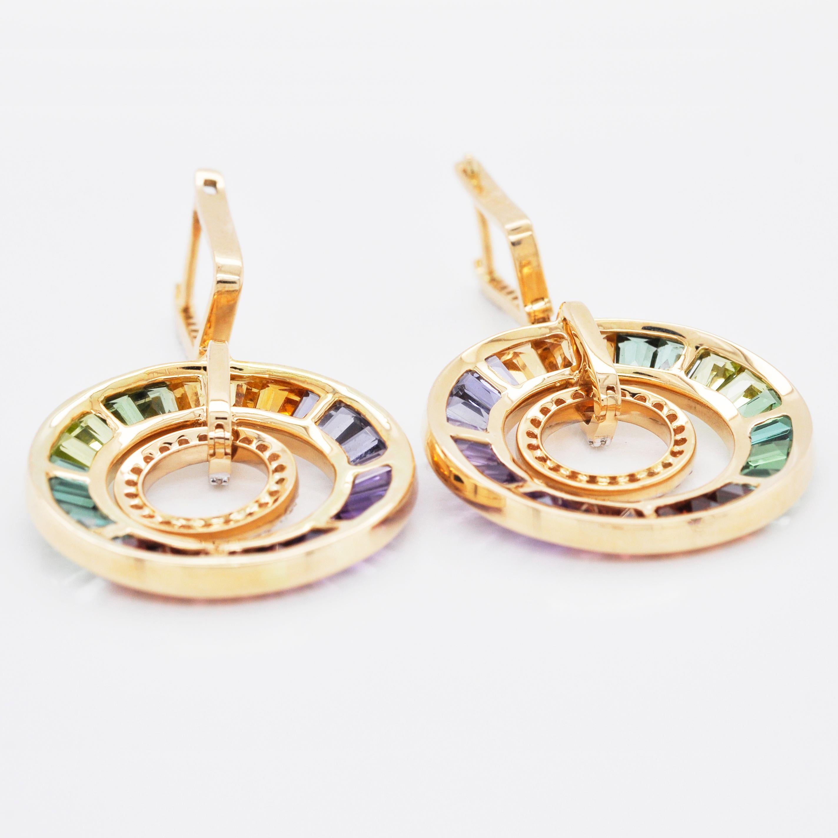 18 Karat Gold Art-Deco Style Rainbow Gemstones Diamond Circular Dangle Earrings In New Condition In Jaipur, Rajasthan